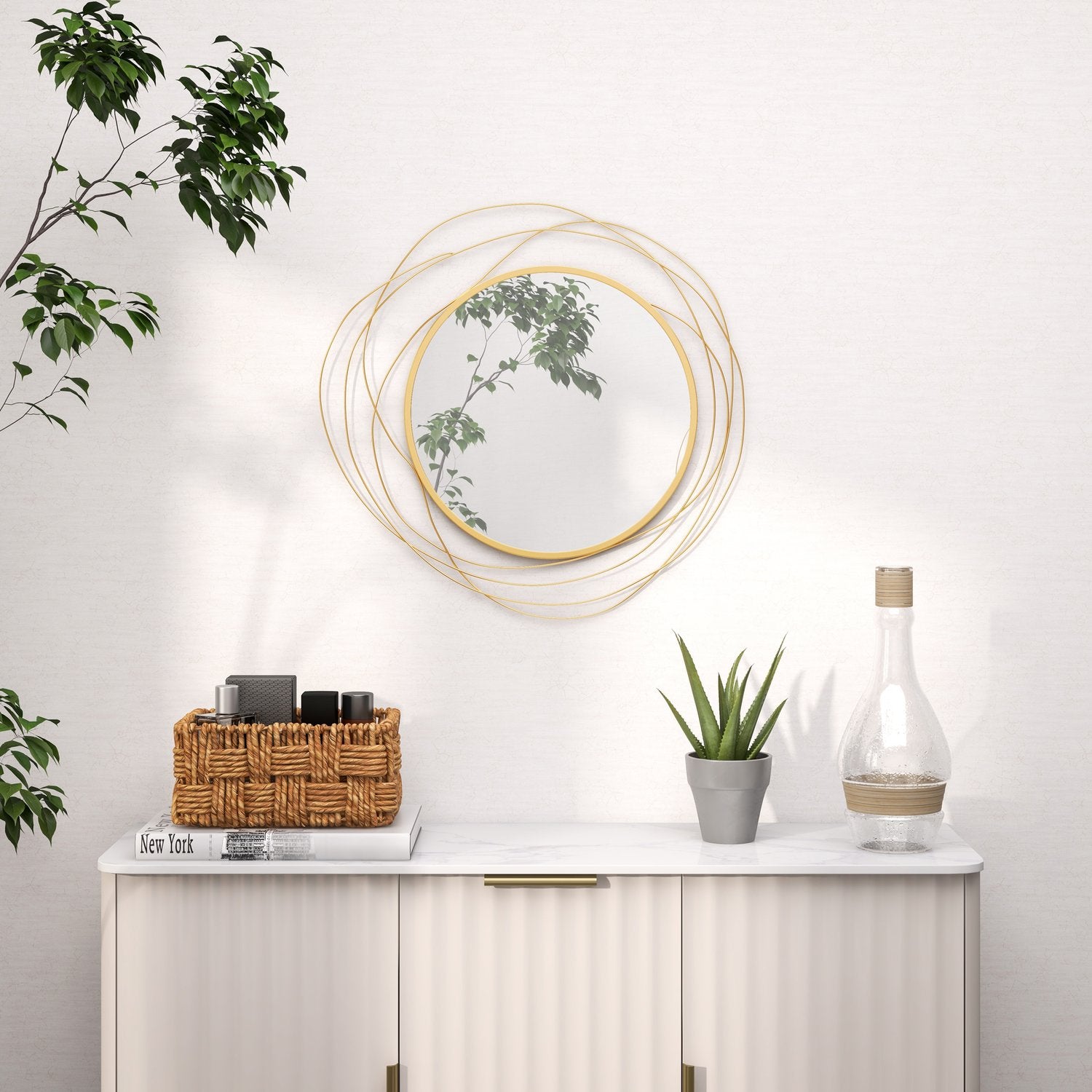 Guld rund väggspegel, 65 cm – Metallram, dekorativ