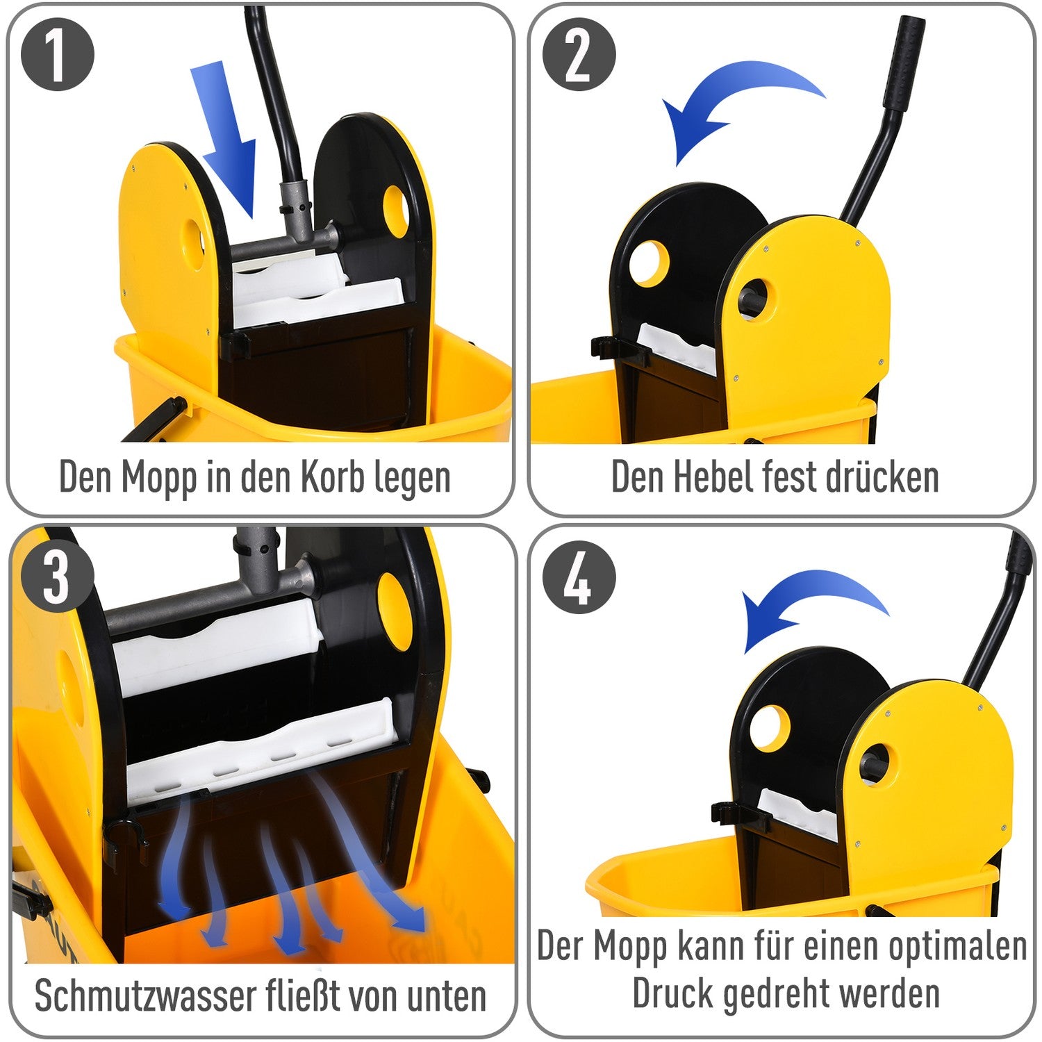 Gul mobil hinkrengöringsvagn, 26L, med vridanordning