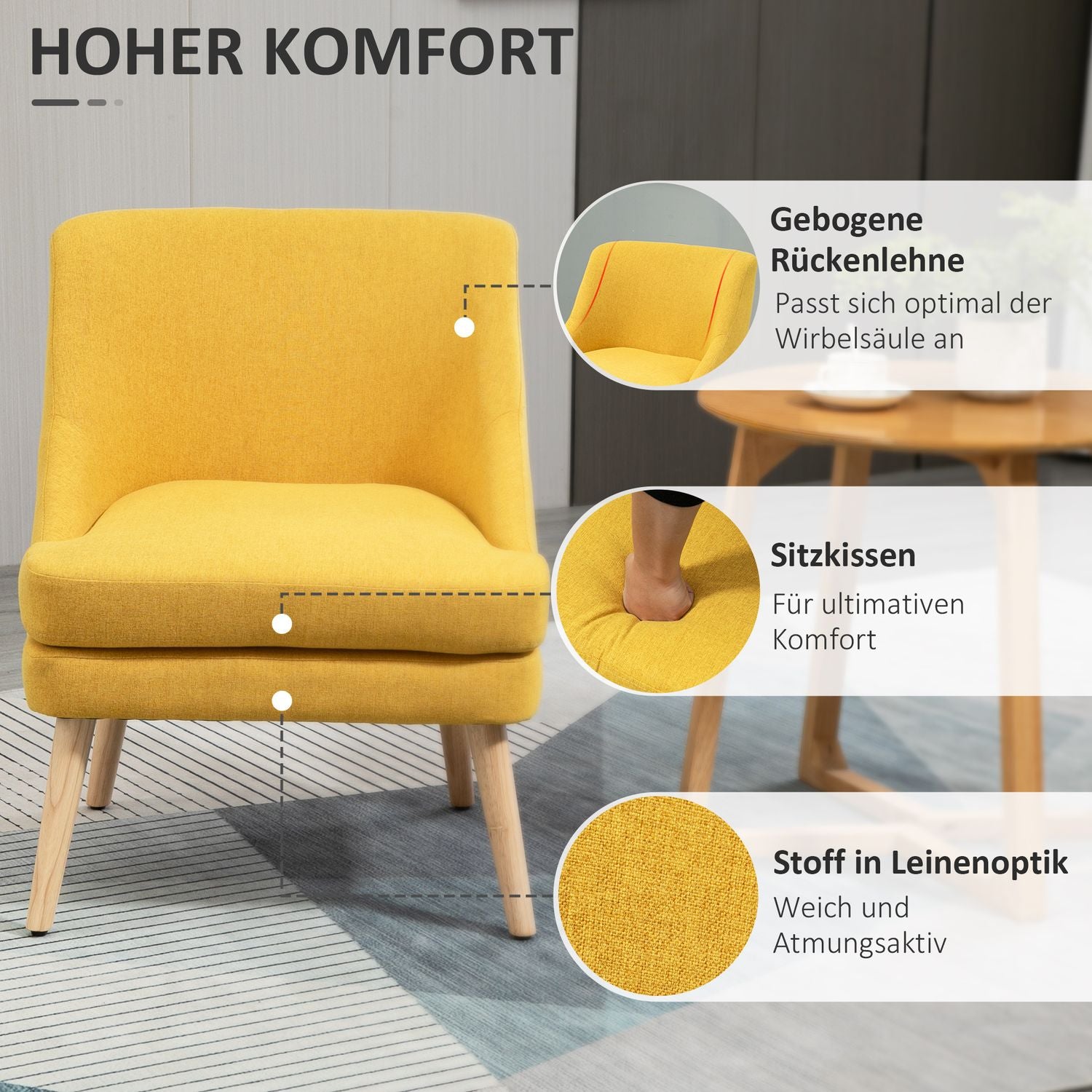 Gul stoppad matstol med armstöd – Linen Touch