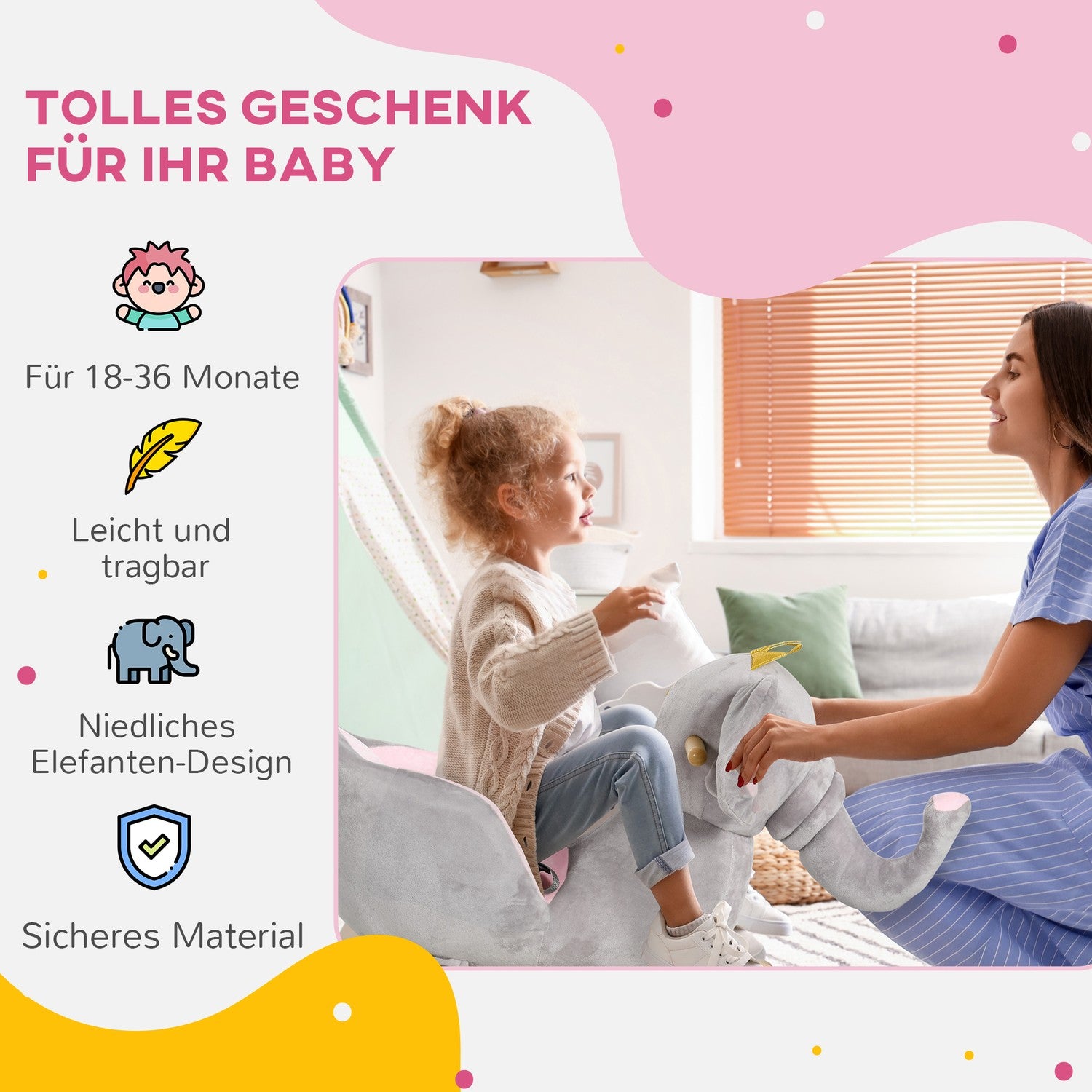 Gunghäst-elefant i trä – grå och rosa, åldrarna 18 miljoner+