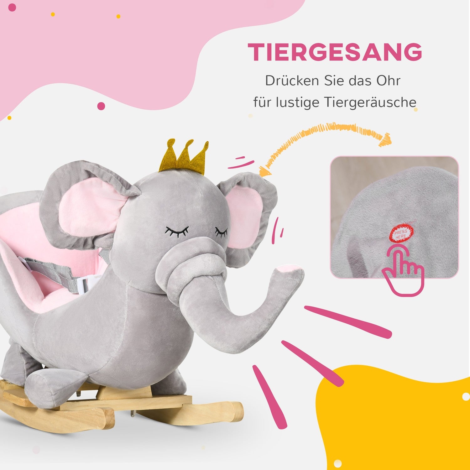 Gunghäst-elefant i trä – grå och rosa, åldrarna 18 miljoner+