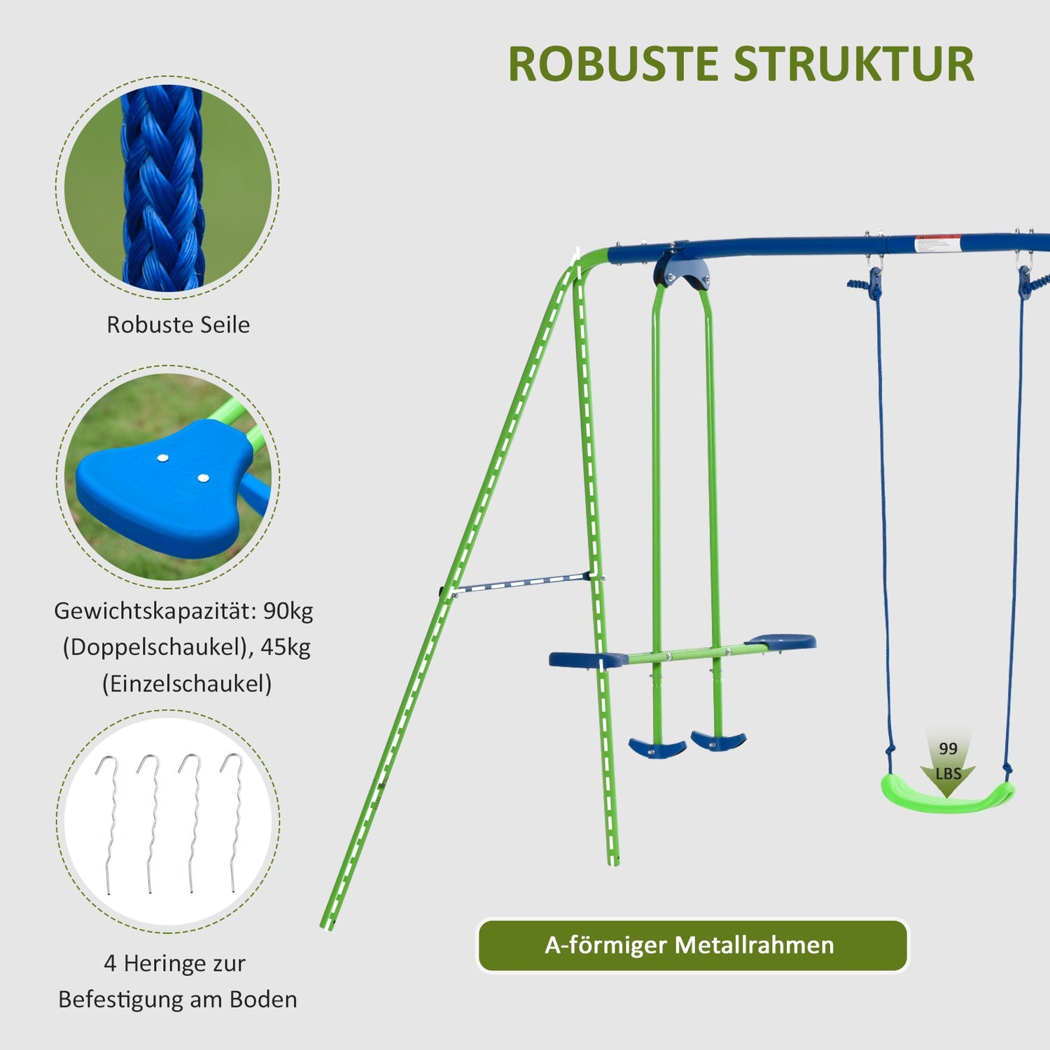 Gungsats med 2 gungor och säte ansikte mot ansikte – metallstruktur, korrosionsbeständig