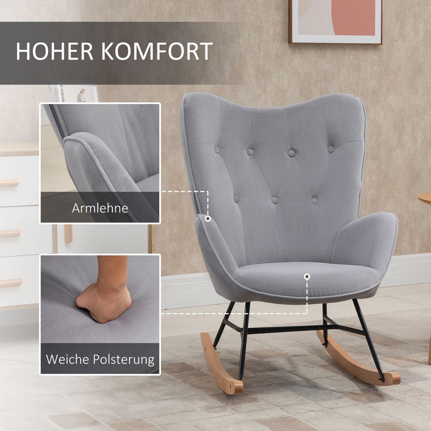 Ergonomisk gungstol i sammetslook, 150 kg Kapacitet, ljusgrå
