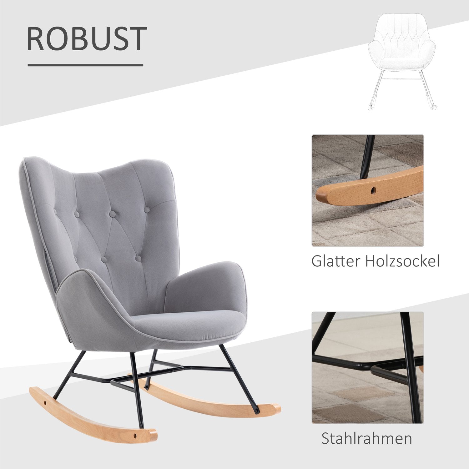 Ergonomisk gungstol i sammetslook, 150 kg Kapacitet, ljusgrå