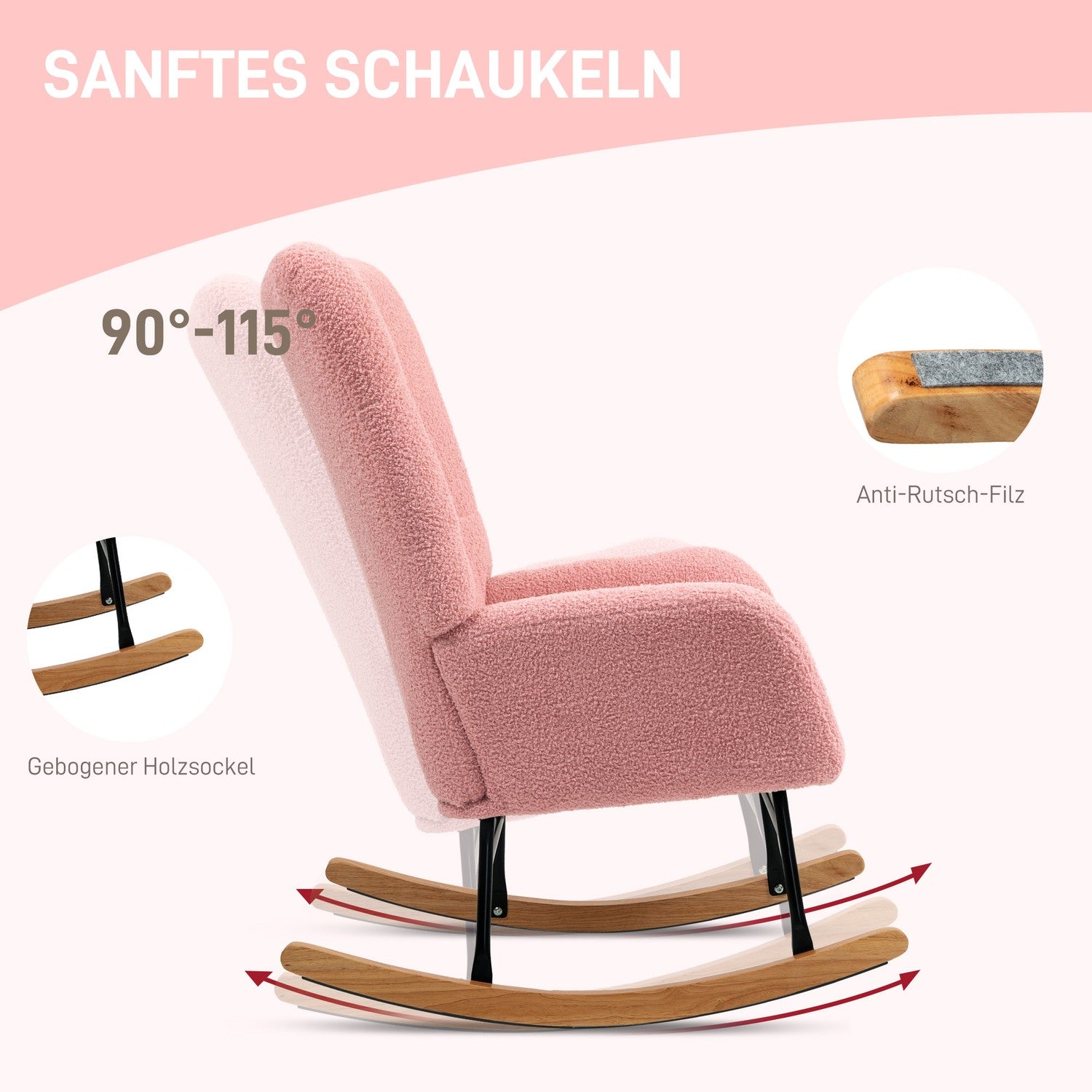 Rosa sammetsgungstol med armstöd – träbas