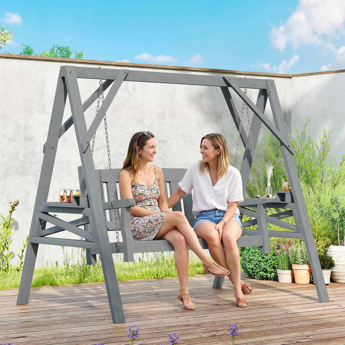 Gyngestol i tre for 2 personer, ergonomisk, grå, kapasitet 250 kg
