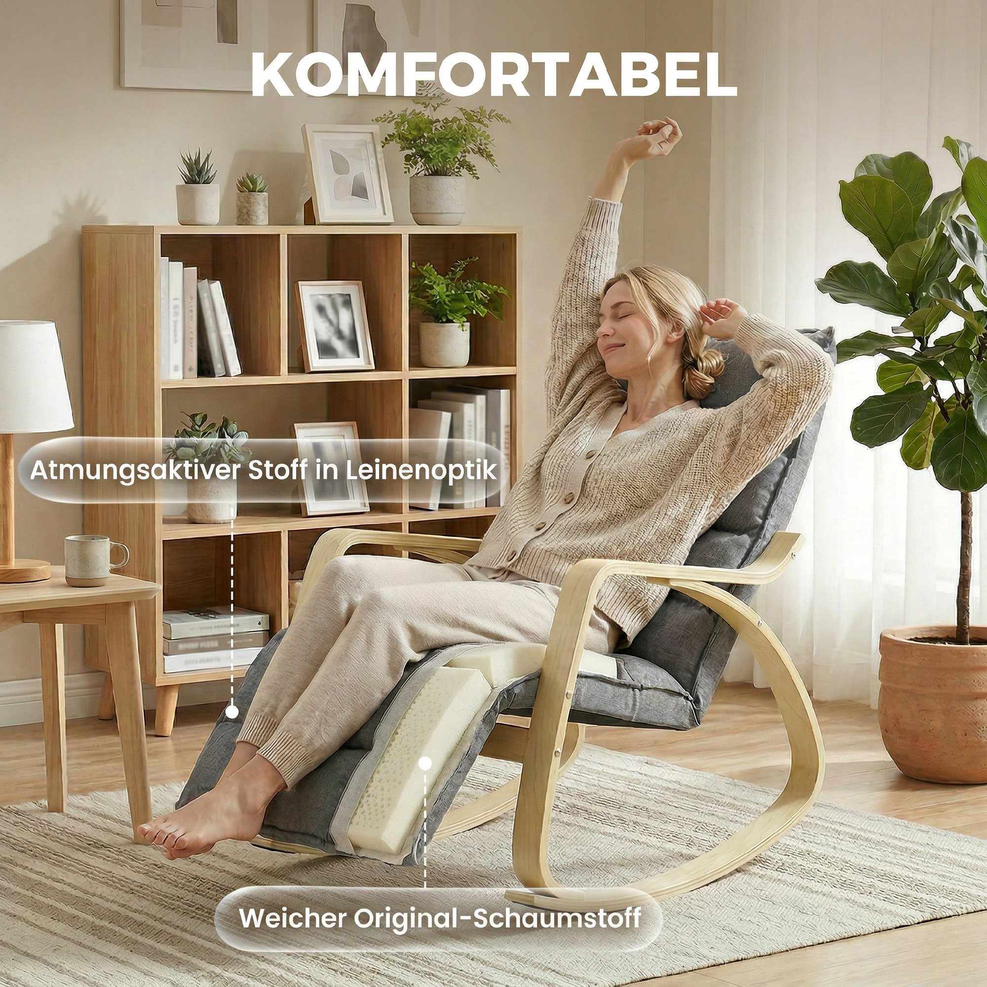 Gungstol med justerbart fotstöd, vadderad, grå