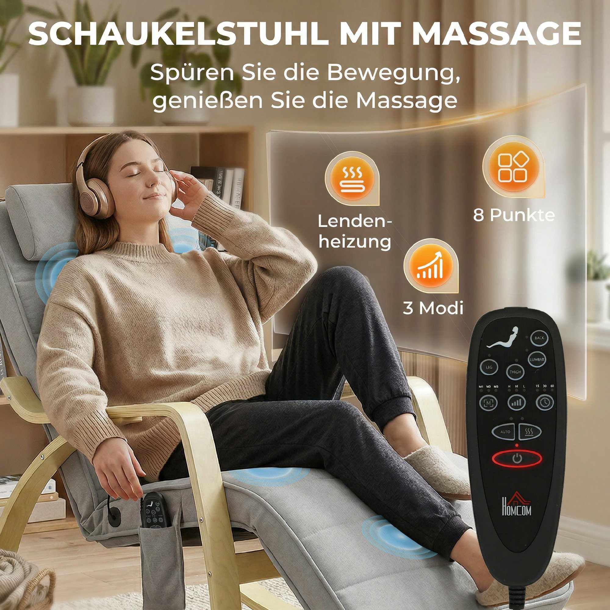 Gungstol med massage, värme, nackstöd och fotstöd, sammet, ljusgrå