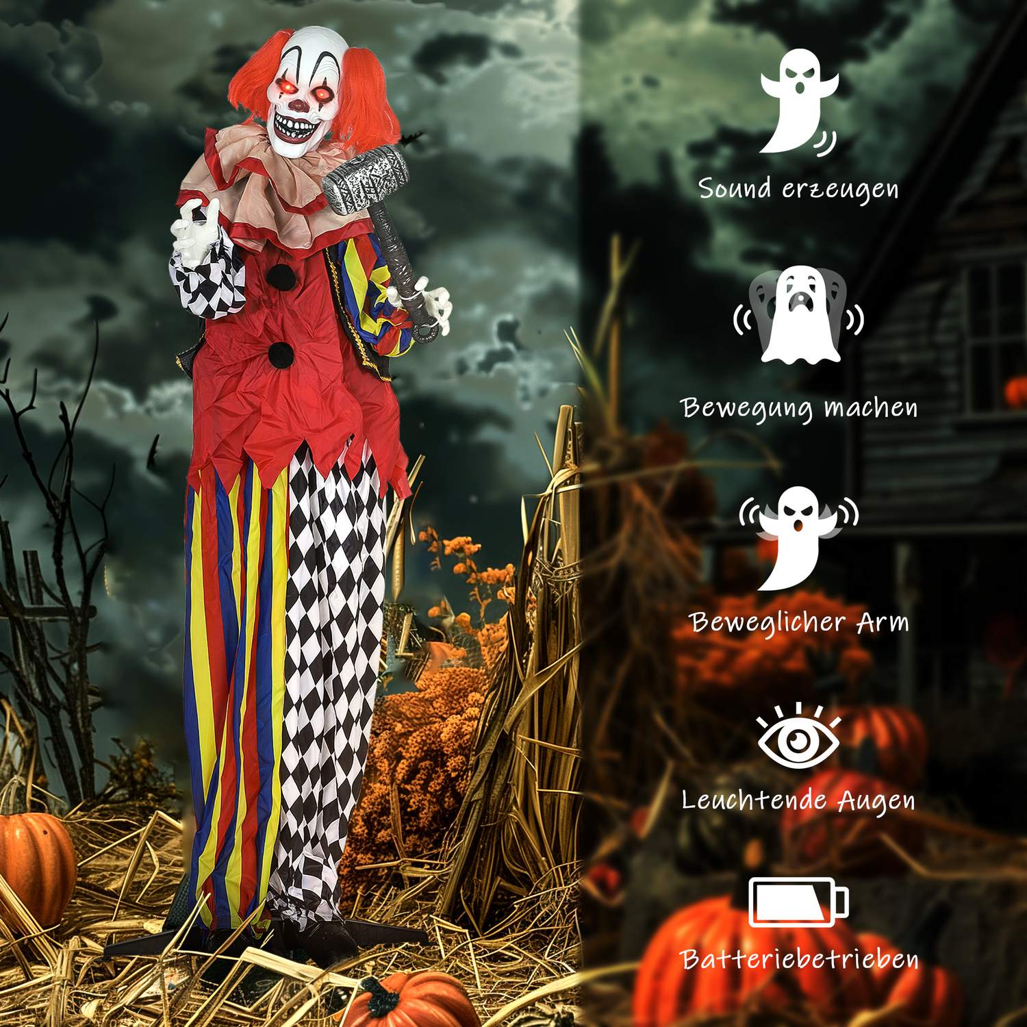 Halloween Animatronisk Clown, 173 cm, Lysande Ögon