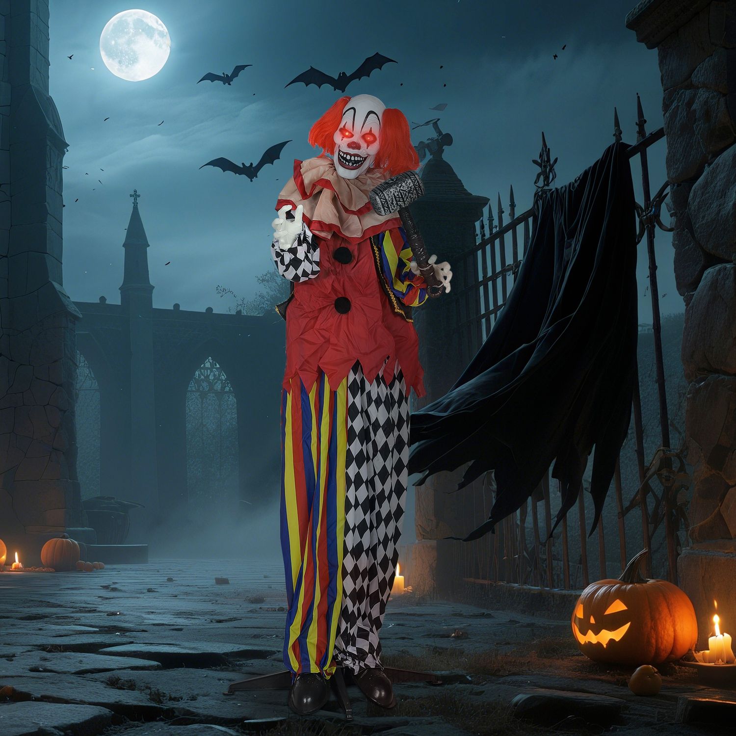 Halloween Animatronisk Clown, 173 cm, Lysande Ögon
