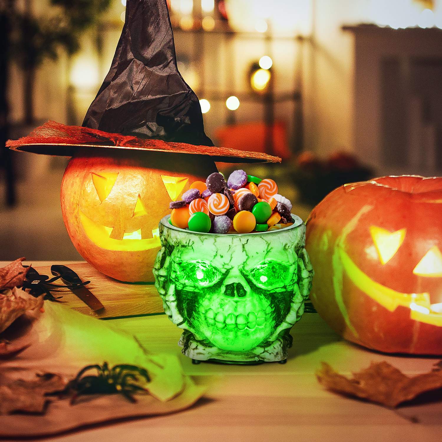 Halloween Skelettdekoration med Ljus & Ljud, Ø16cm Stål