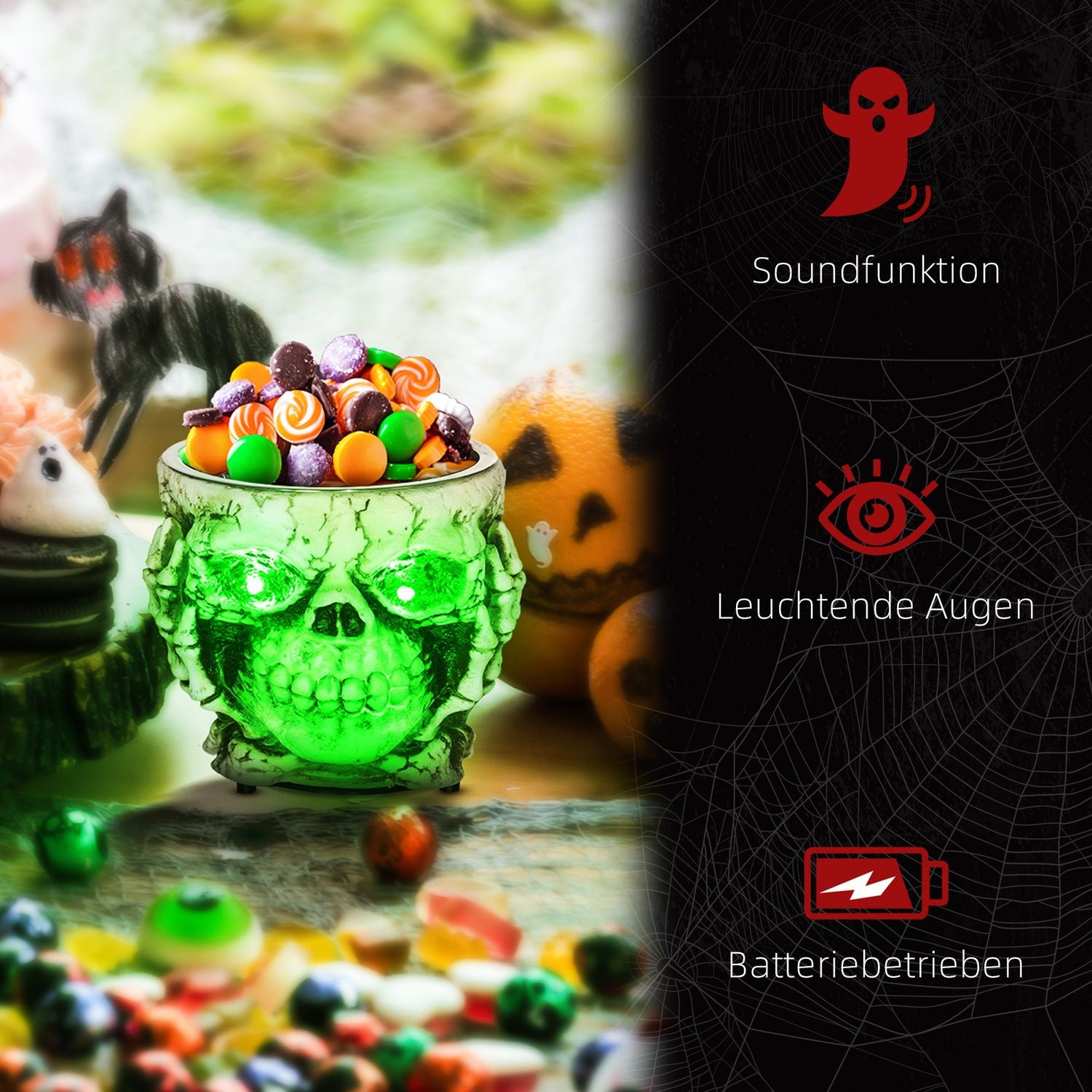 Halloween Skelettdekoration med Ljus & Ljud, Ø16cm Stål