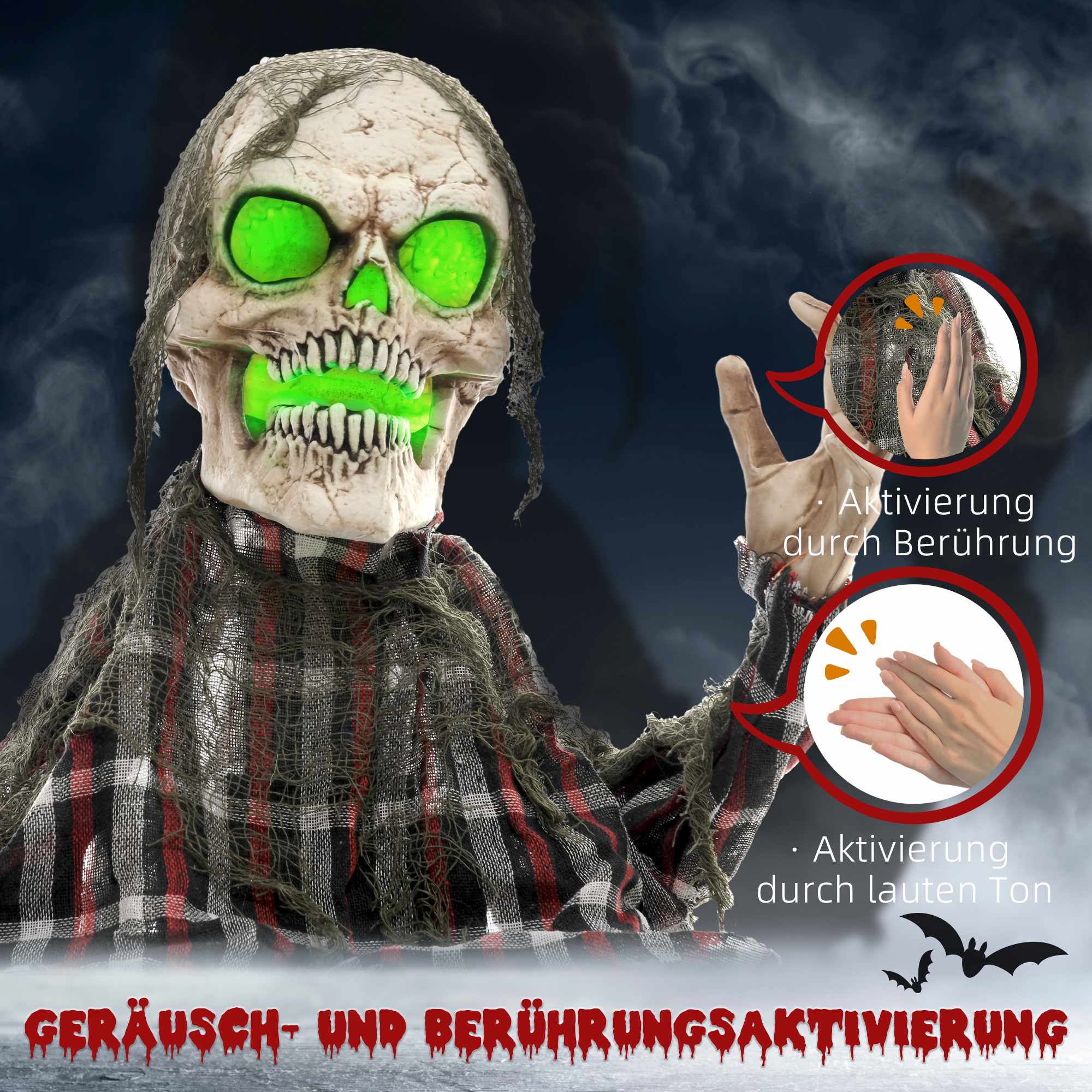 Halloween-banbrytarskelett, böjbara armar, glödande ögon