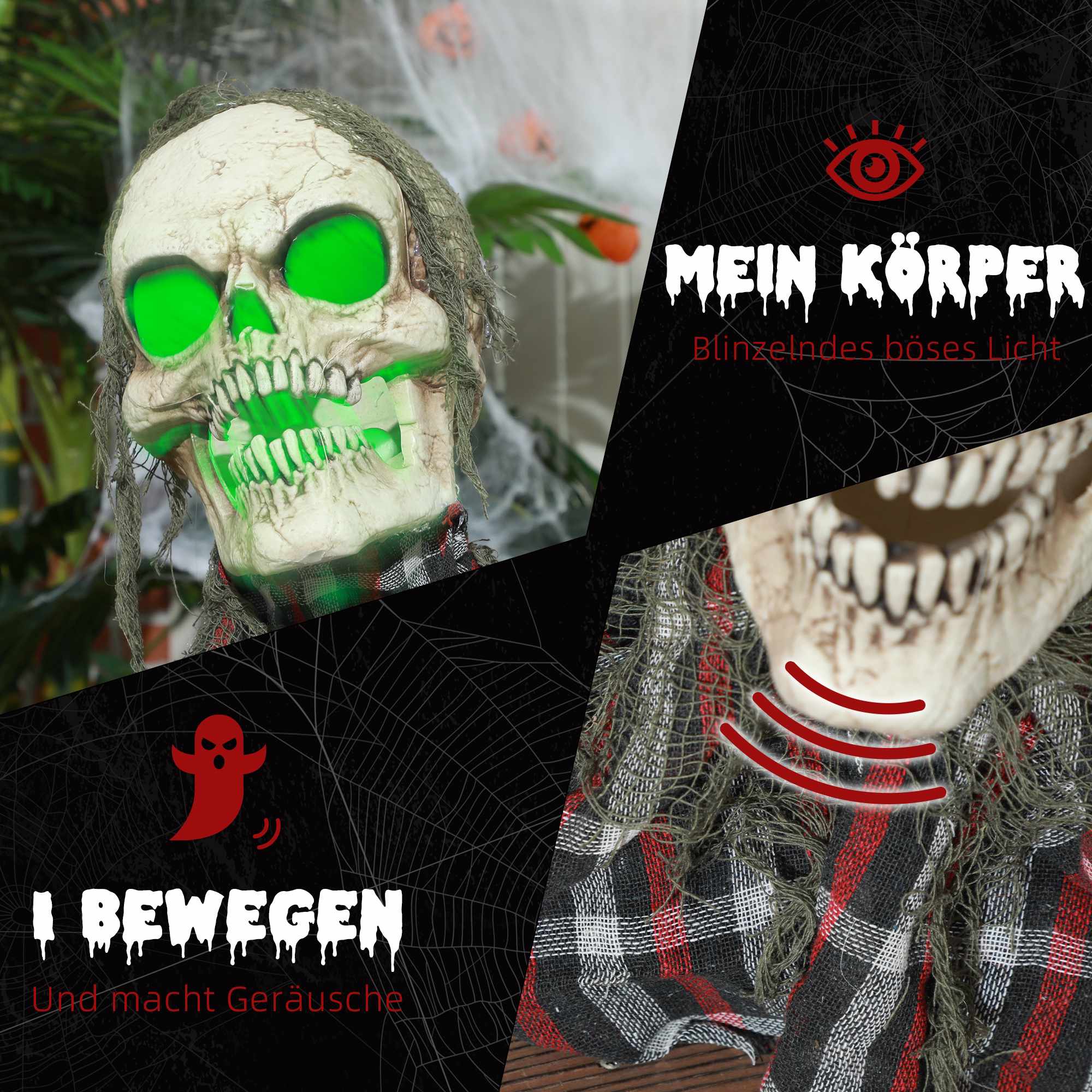 Halloween-banbrytarskelett, böjbara armar, glödande ögon