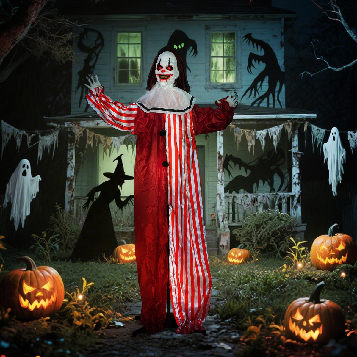 Halloweenclowndekoration, 165 cm, LED-lampor, ljudeffekter