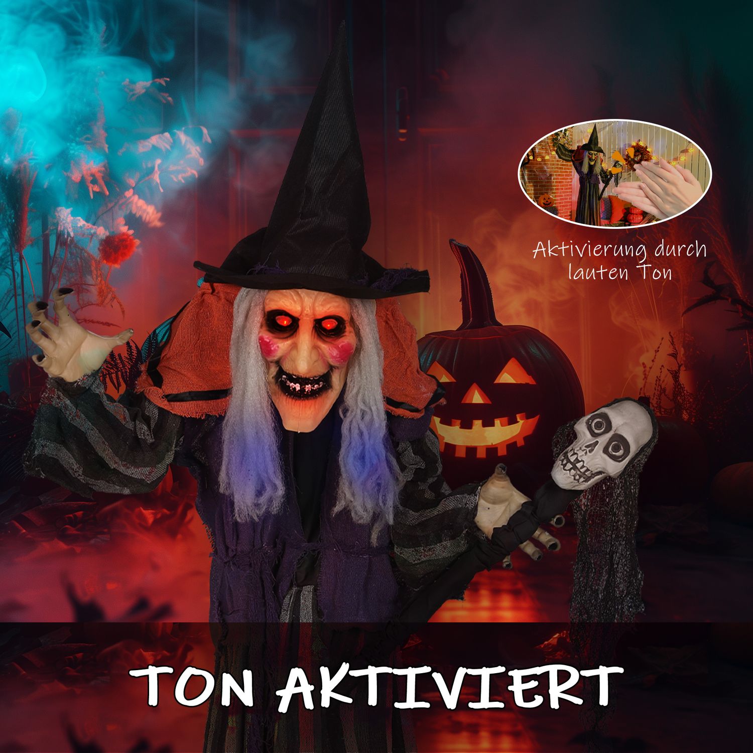Halloween-häxdekoration, 160 cm, LED-lampor, ljud