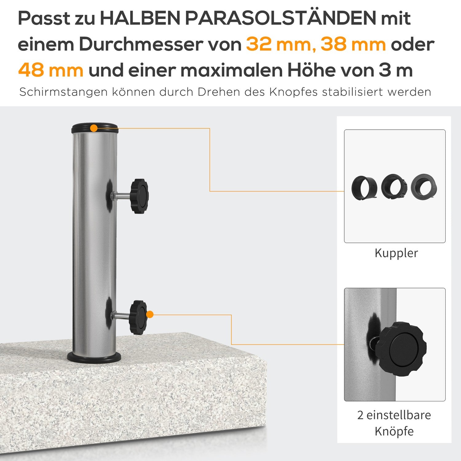 Halvrunda parasollbas, granit, 25 kg, passar 32-48 mm stolpar