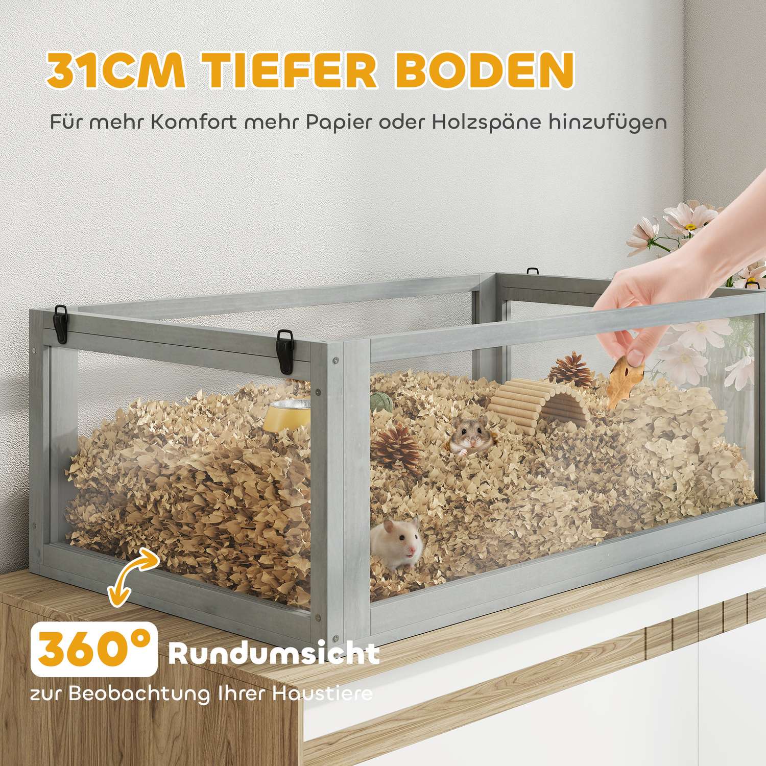 Hamsterbur, 3 nivåer, djup bas, 80x50x76cm, ljusgrå