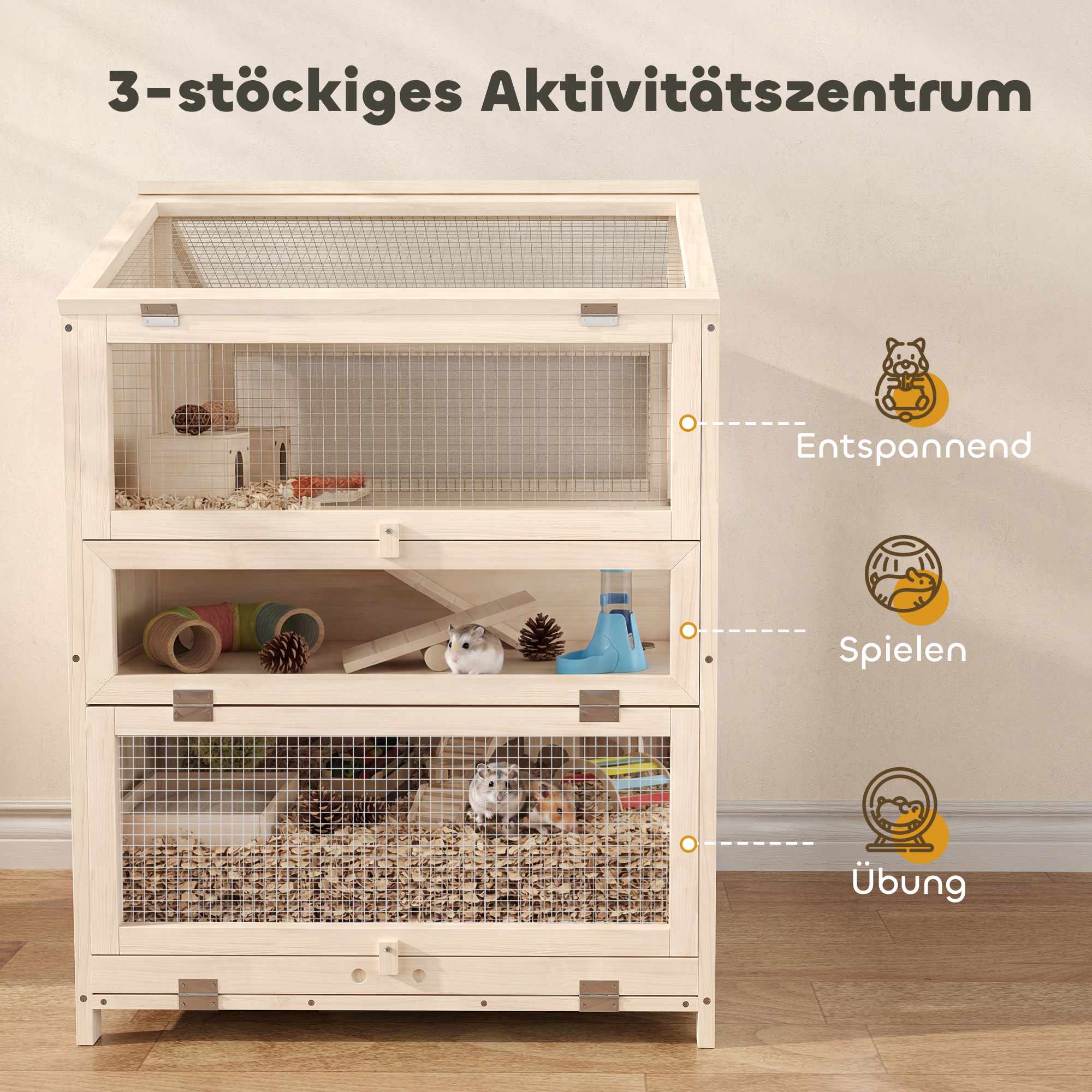 Hamsterbur, 3-vånings trähabitat med ramper, 68x61,5x90 cm