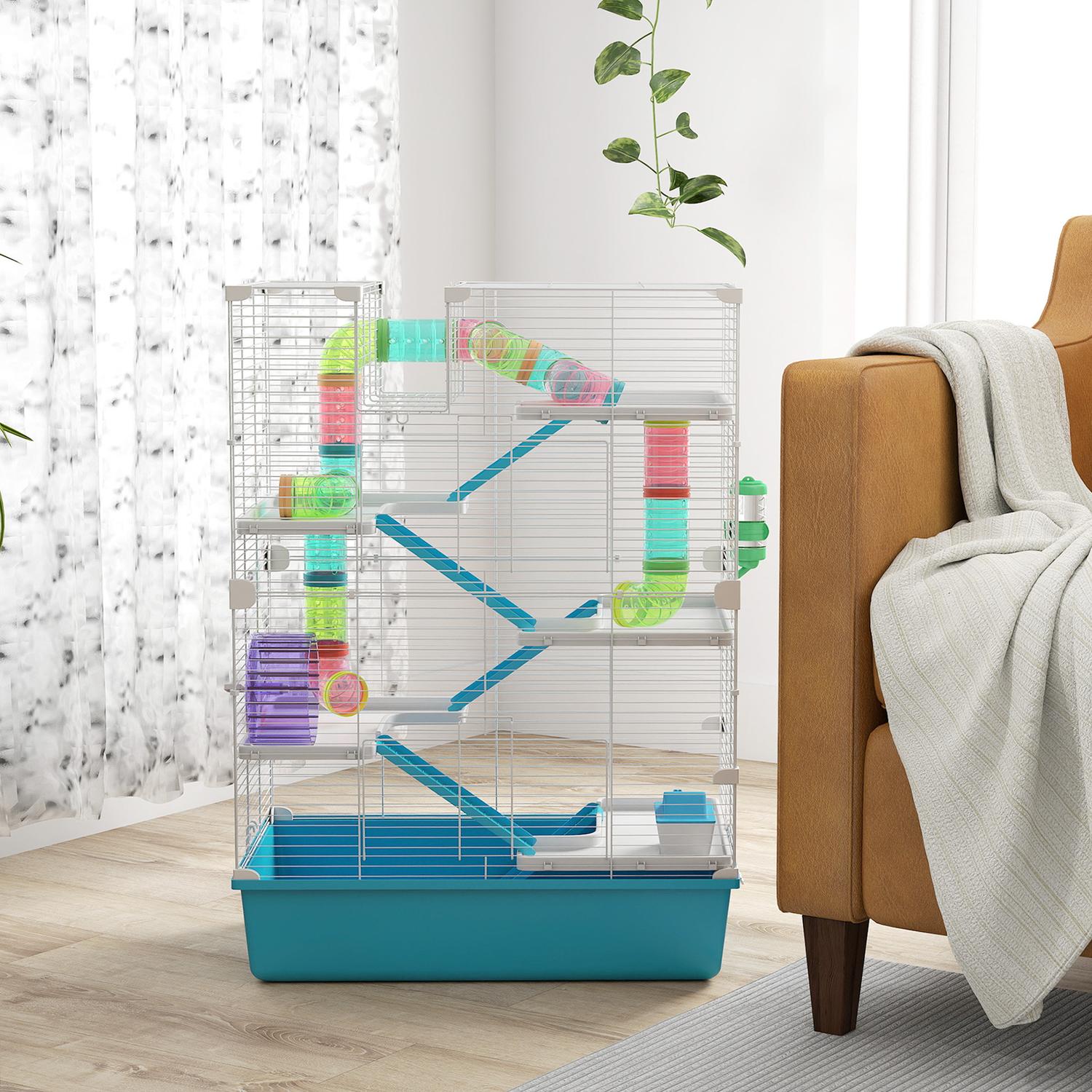 6-vånings hamsterbur med tunnlar och tillbehör, 58x36x81 cm