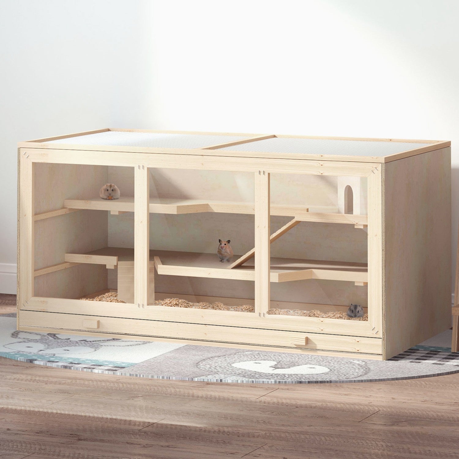 Hamsterbur med trappor, naturligt trä, 3-vånings, 115x57x55cm
