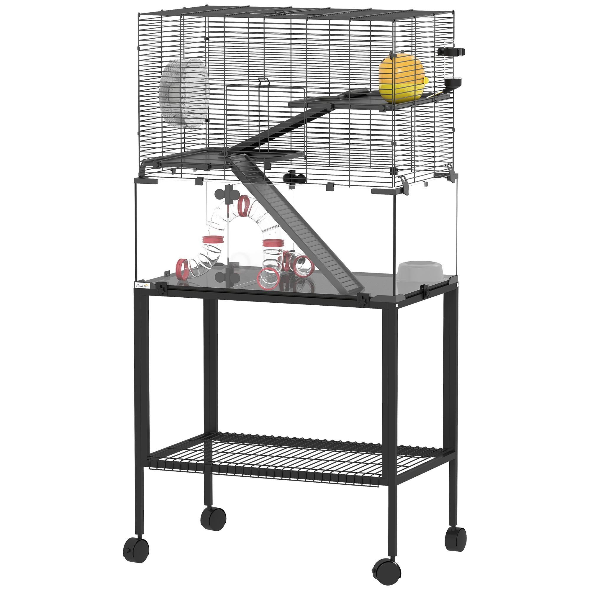 Hamsterbur i tre nivåer med hjul och tillbehör