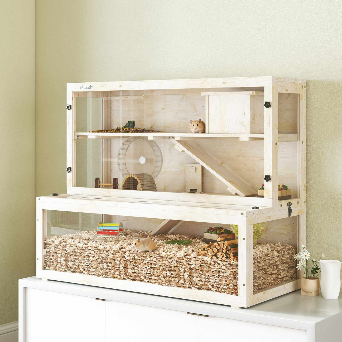 Hamsterbur i tre nivåer med koja och tillbehör, 100x50x84 cm