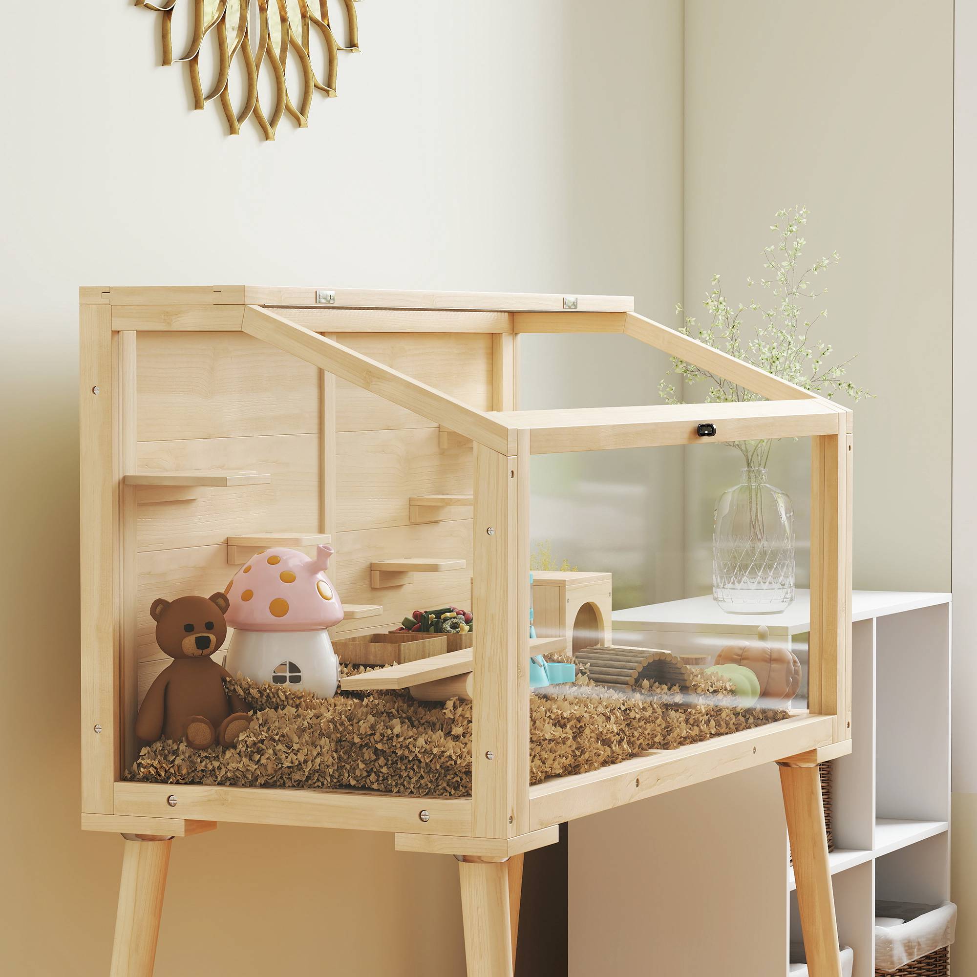 Hamsterbur med tillbehör, 110x52x101 cm, trä/plast