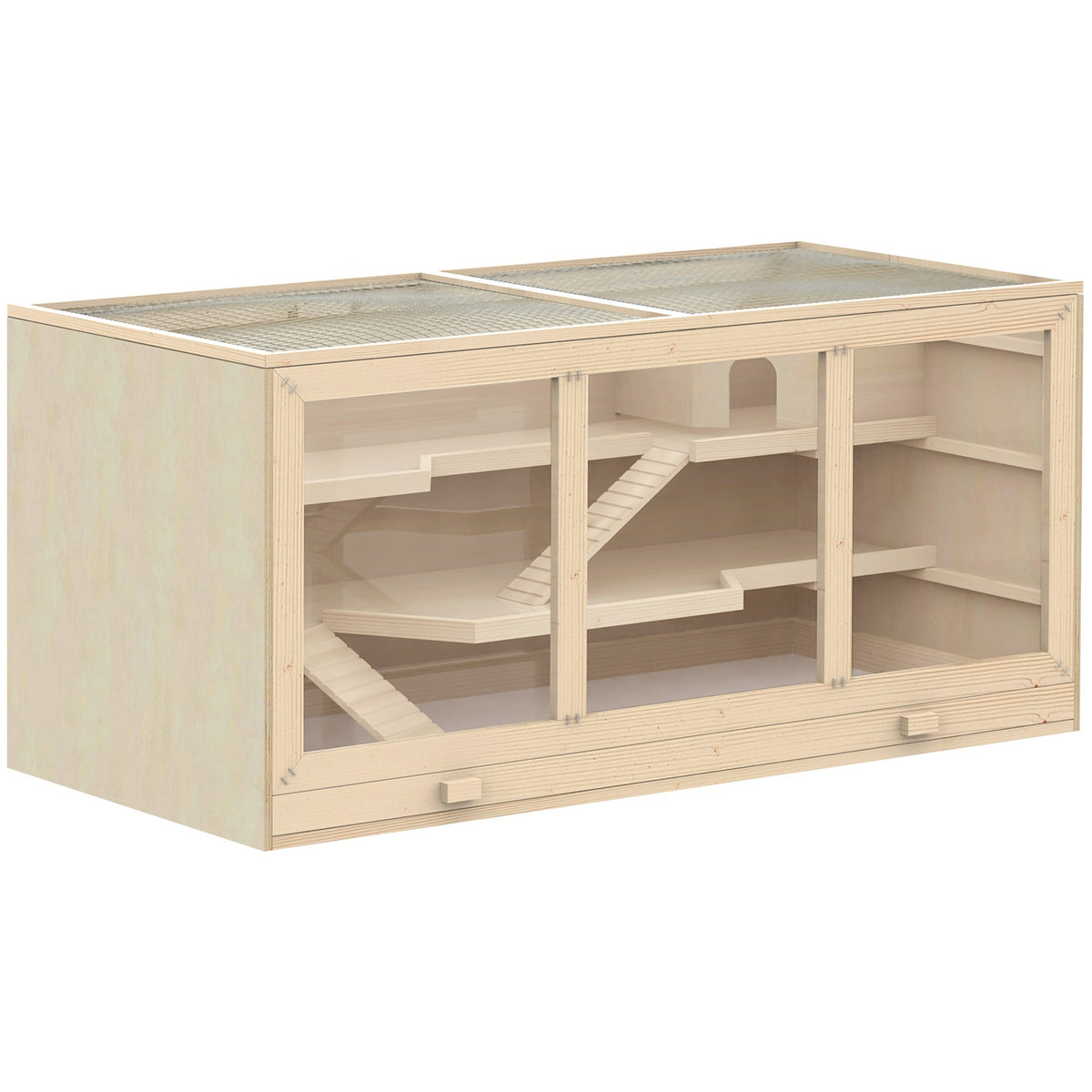 Hamsterbur med trappor, naturligt trä, 3-vånings, 115x57x55cm