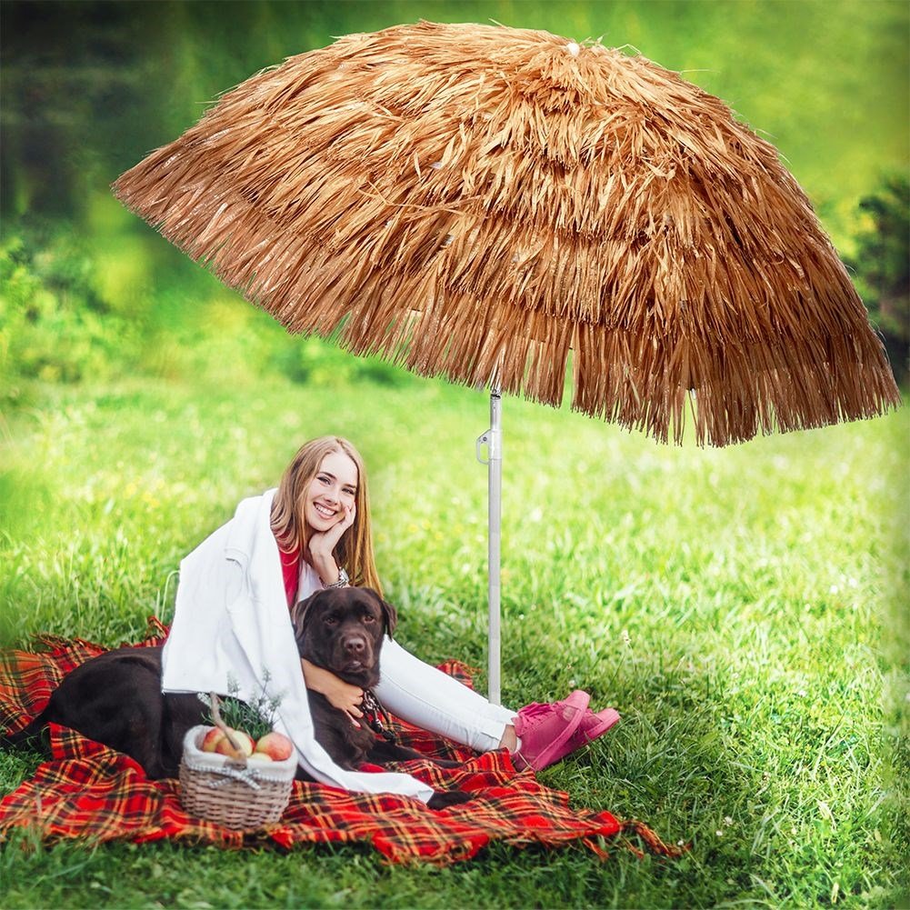 Hawaiianskt Paraply: Beige Raffia, 155 cm, Justerbar Lutning