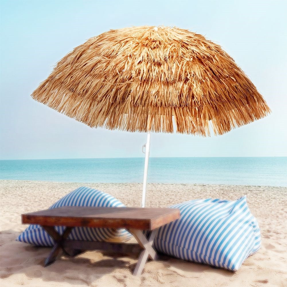 Hawaiianskt Paraply: Beige Raffia, 155 cm, Justerbar Lutning