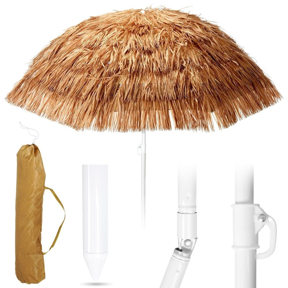 Hawaiianskt Paraply: Beige Raffia, 155 cm, Justerbar Lutning