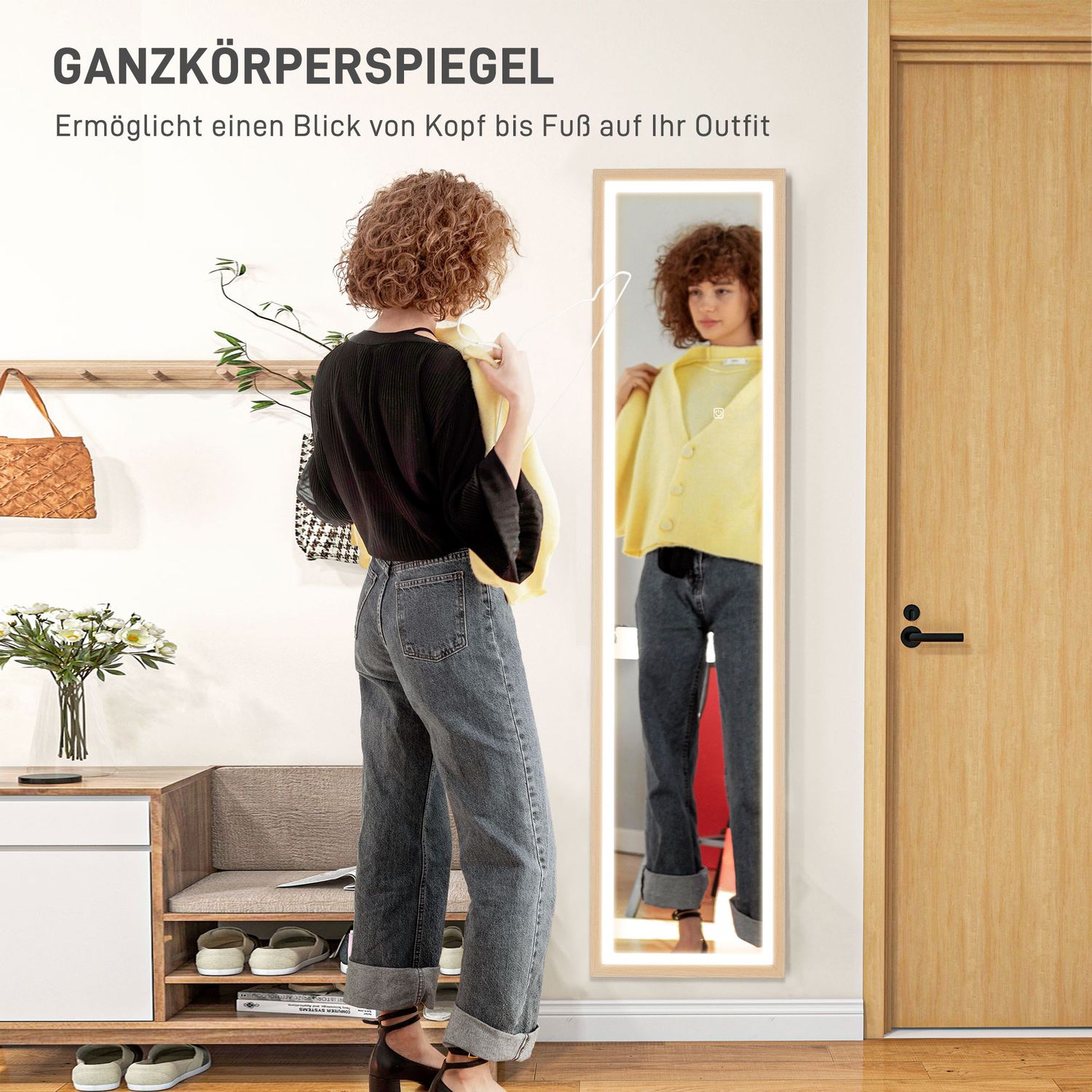 Hellängd LED-spegel, 40x160 cm, Touch Control, Ek