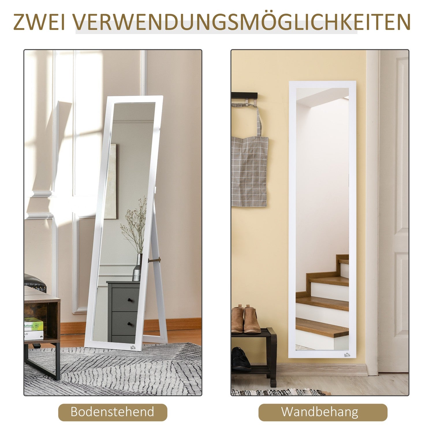 Hellängdsspegel 154x37cm med stativ – vit ram