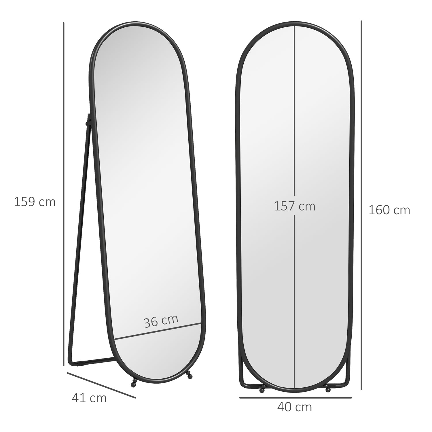 Oval hellängdsspegel med stativ, metallram 160x40 cm
