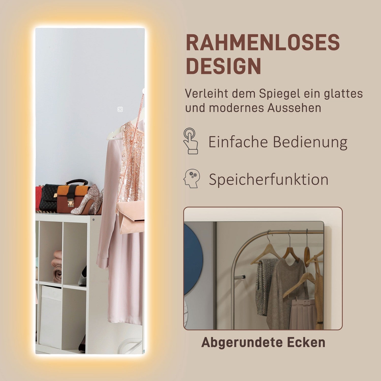 Golvspegel med LED-ljus, Touch Control, 40x120 cm