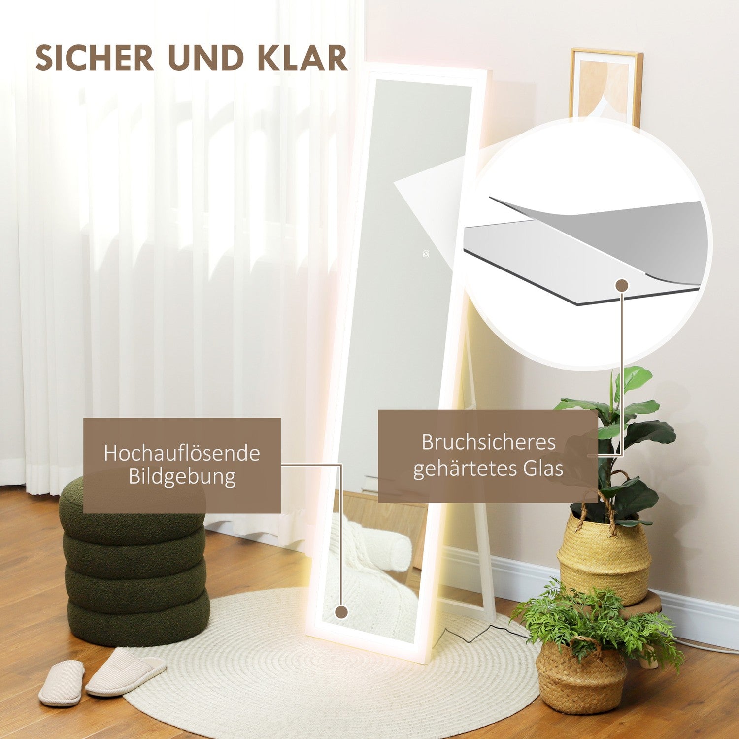 Hellängdsspegel med LED, Touch Control, Vit, 40 x 160 cm