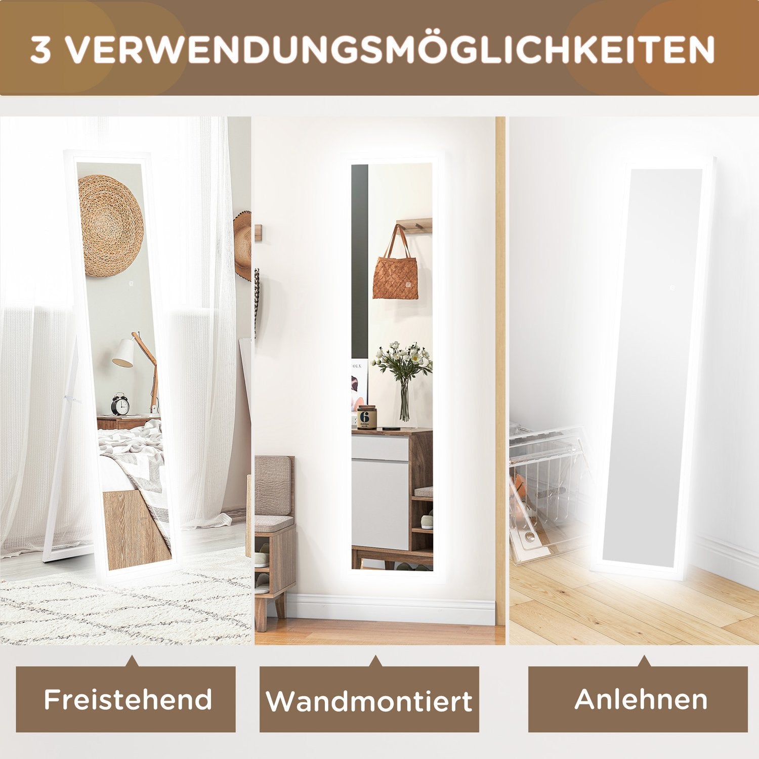 Hellängdsspegel med LED, Touch Control, Vit, 40 x 160 cm
