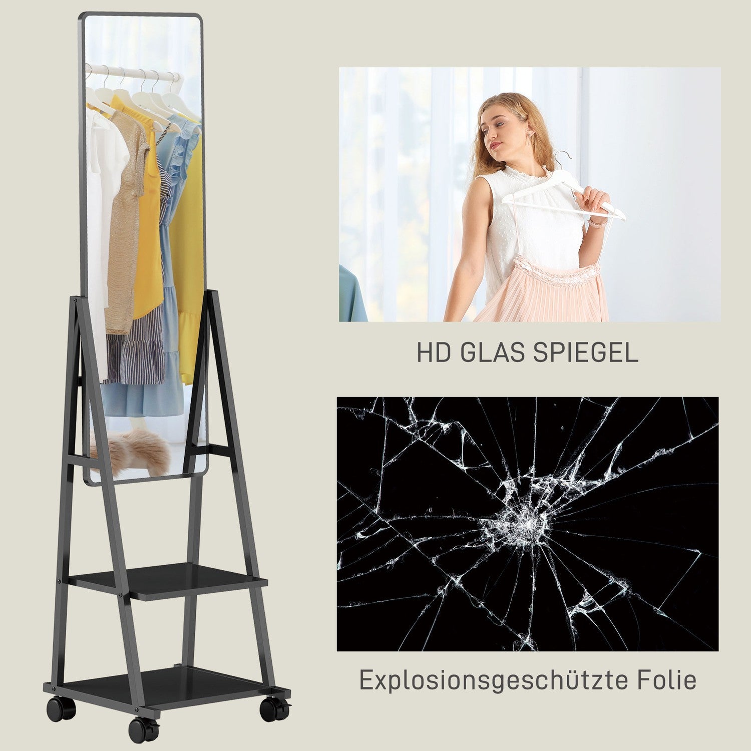 Stående hellängdsspegel, 42 x 155 cm, svart