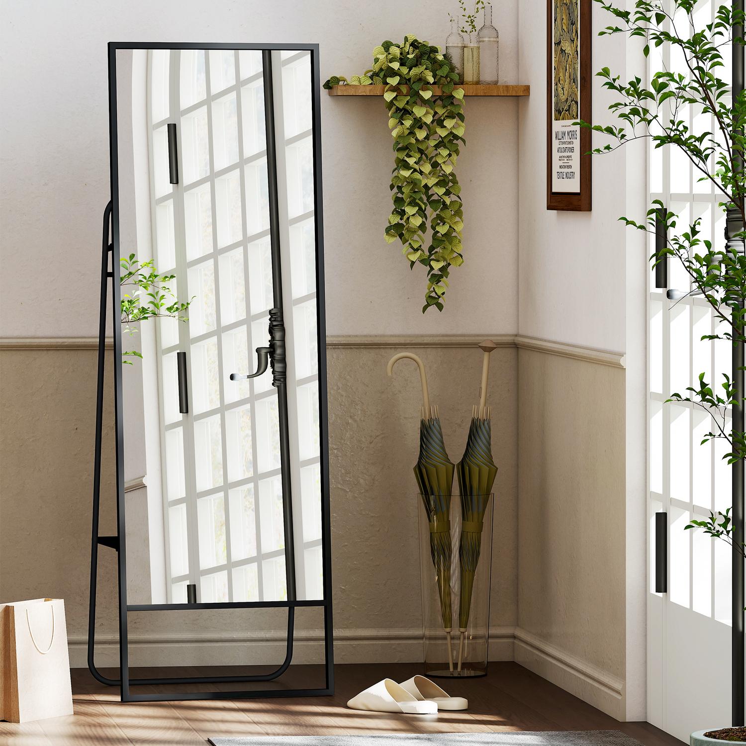 Hellängdsspegel med hylla & krokar, svart, 157x50 cm