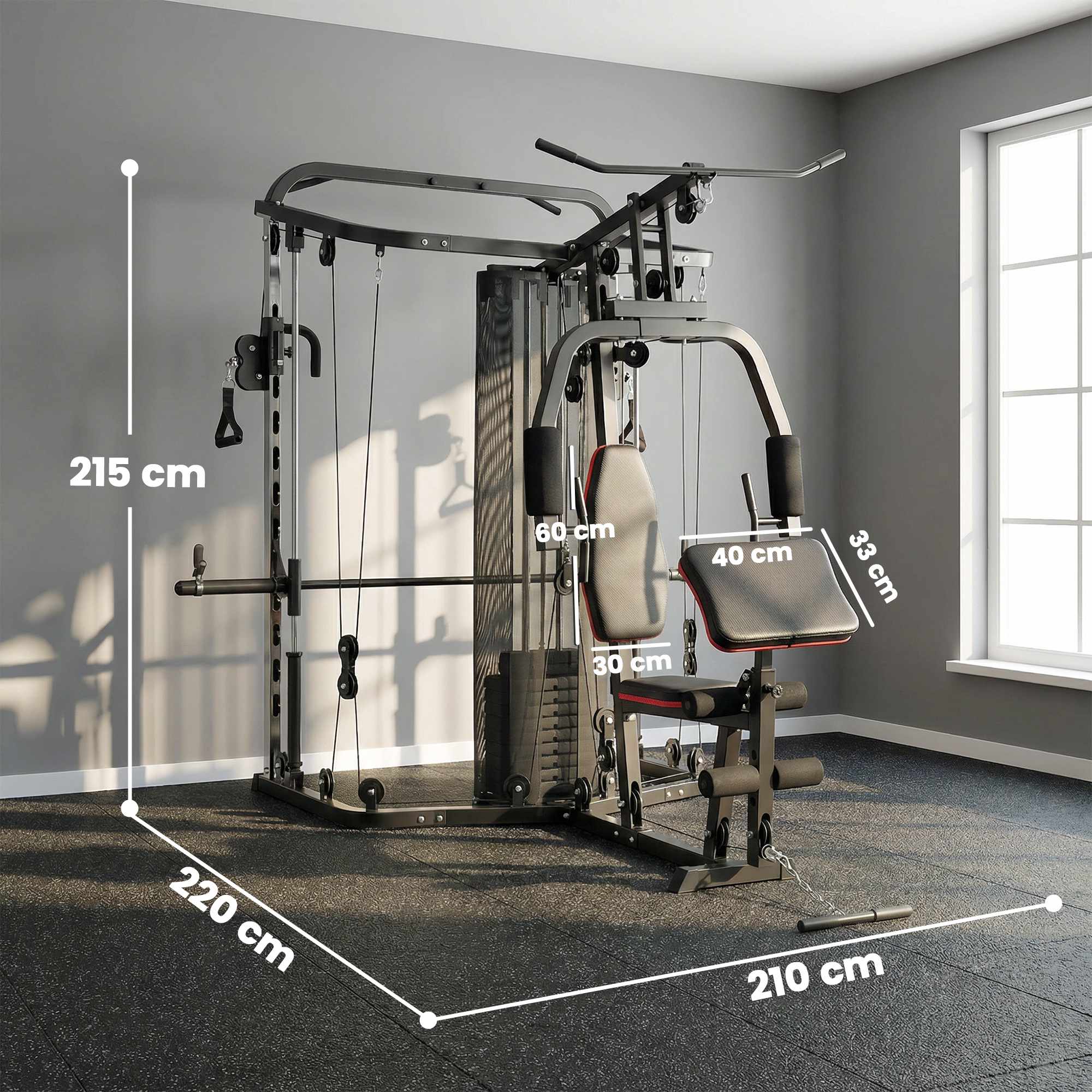 Hemmagymstation med 65 kg vikter, latsdrag och Preacher Bench