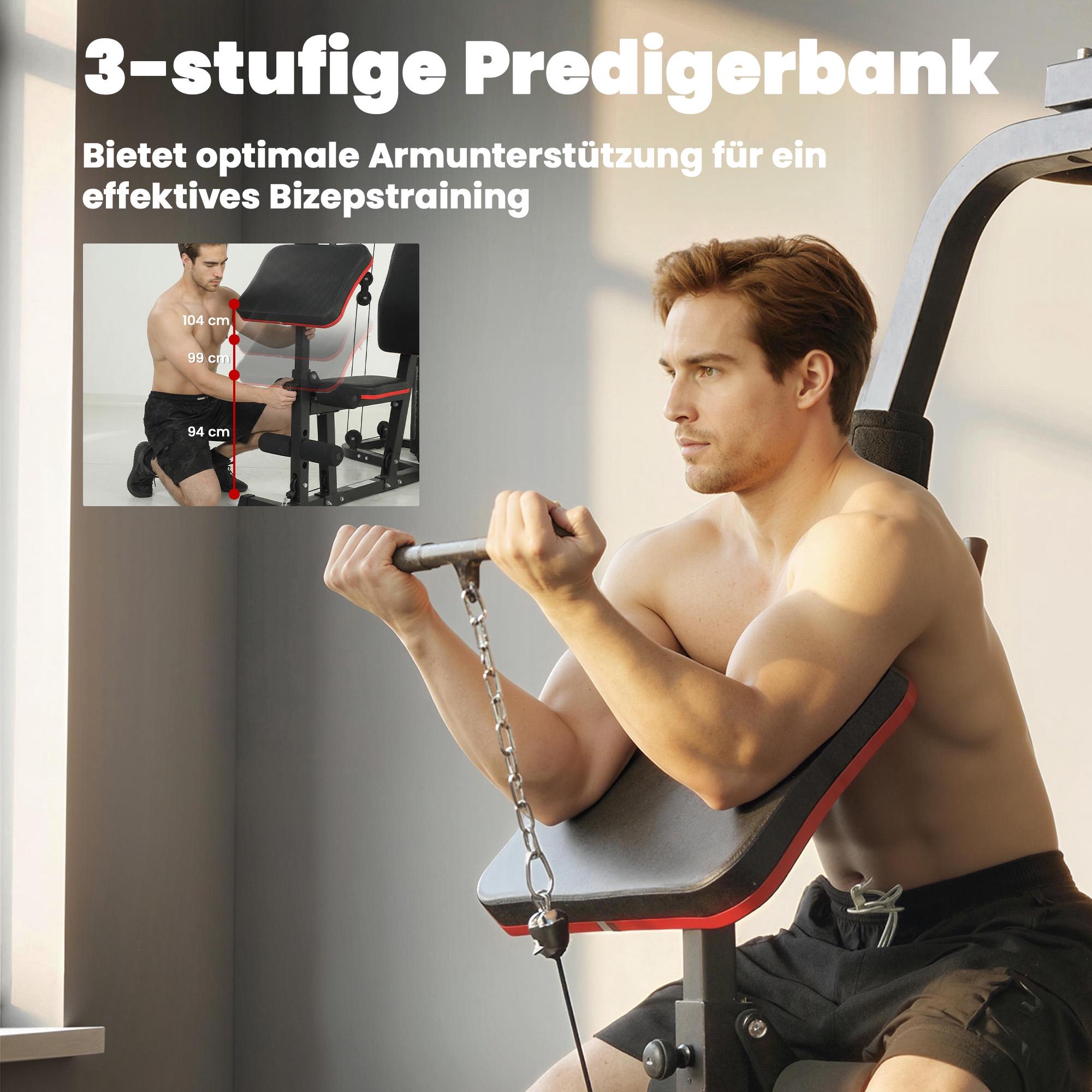 Hemmagymstation med 65 kg vikter, latsdrag och Preacher Bench