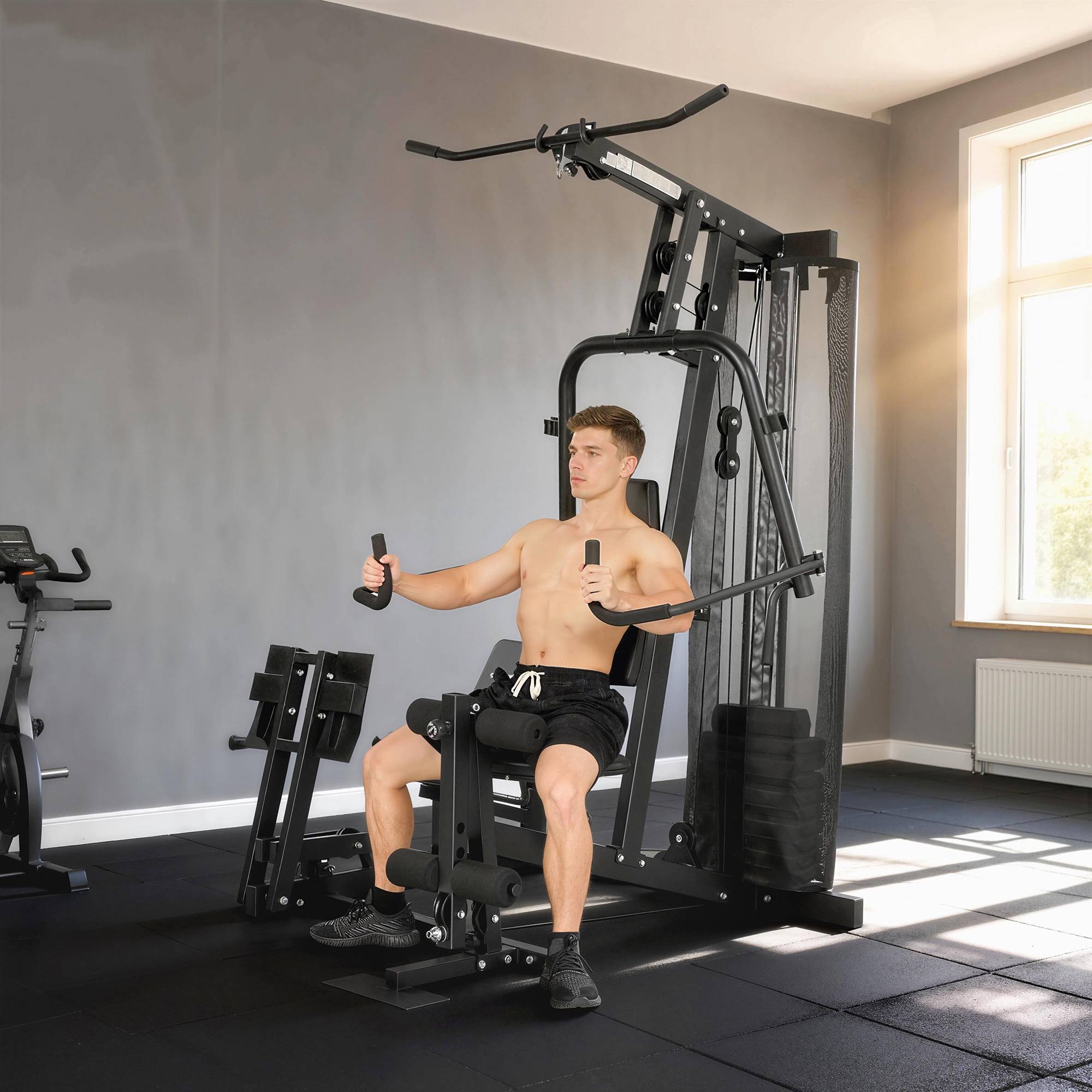 Hemmagymstation med benpress, justerbar sits, 65 kg vikter