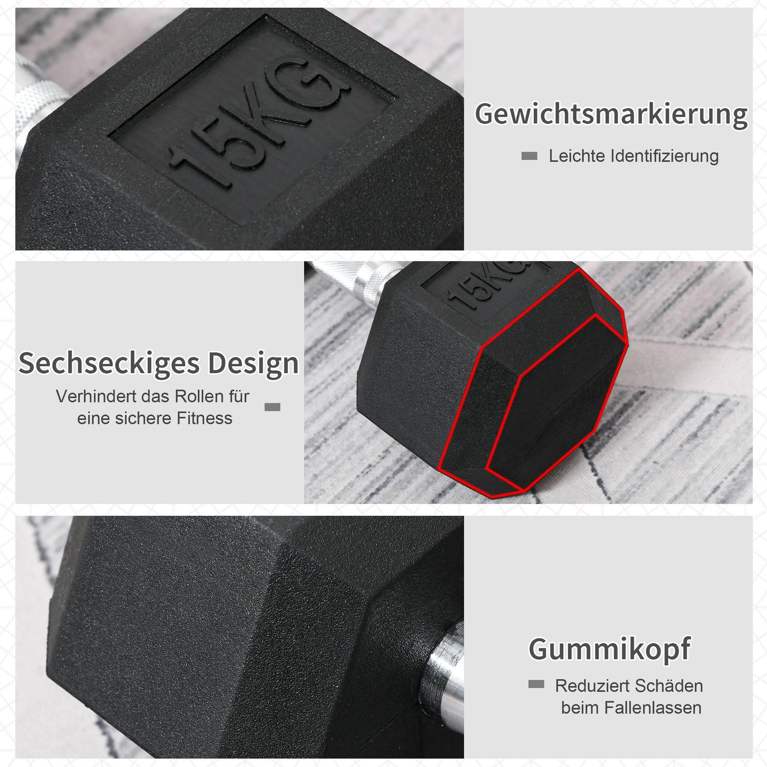 15 kg hexagon hantel, räfflade handtag, gjutjärn