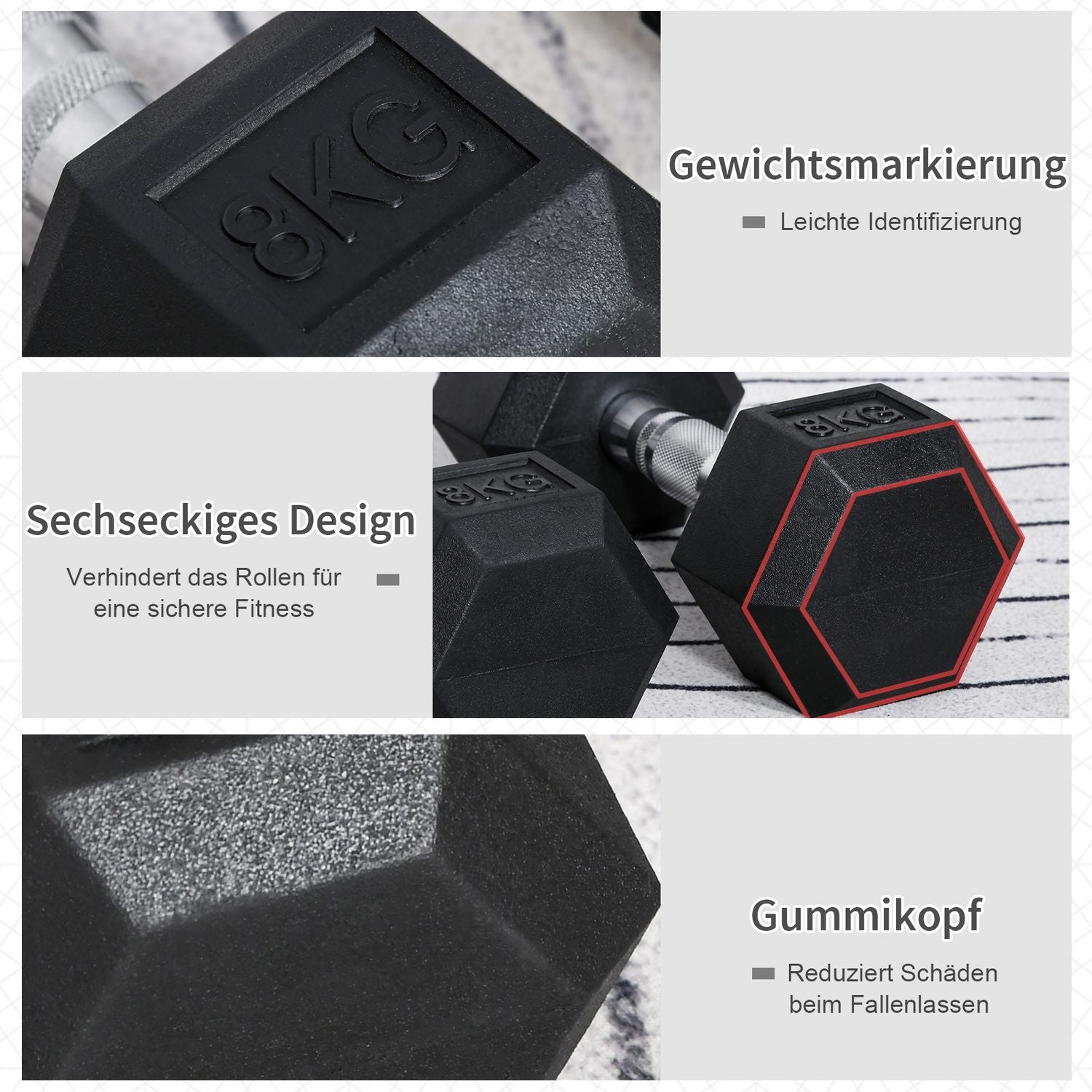8 kg Hexagon Hantlar Set, gjutjärn, räfflade grepp