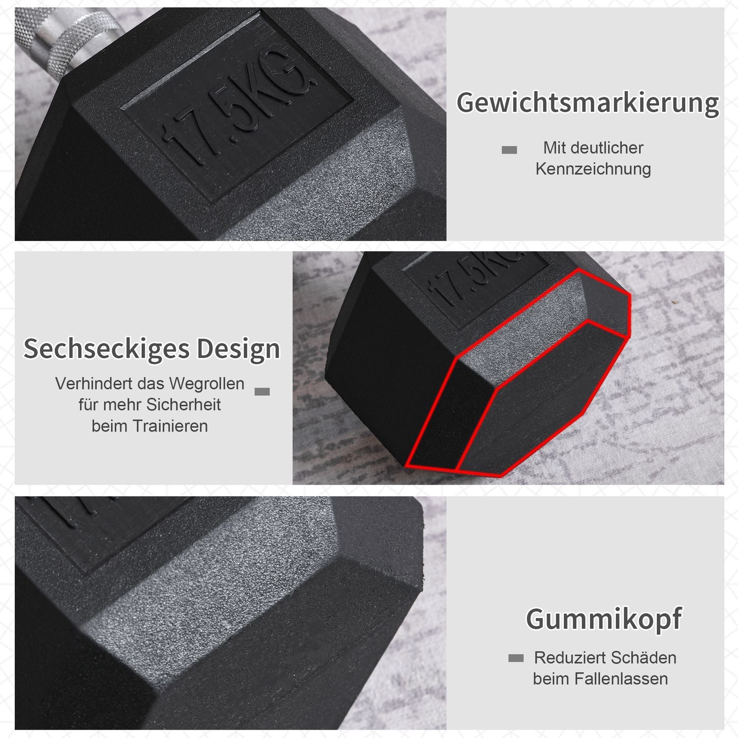 17,5 kg Hexagon gummihantlar, svart järn för styrketräning