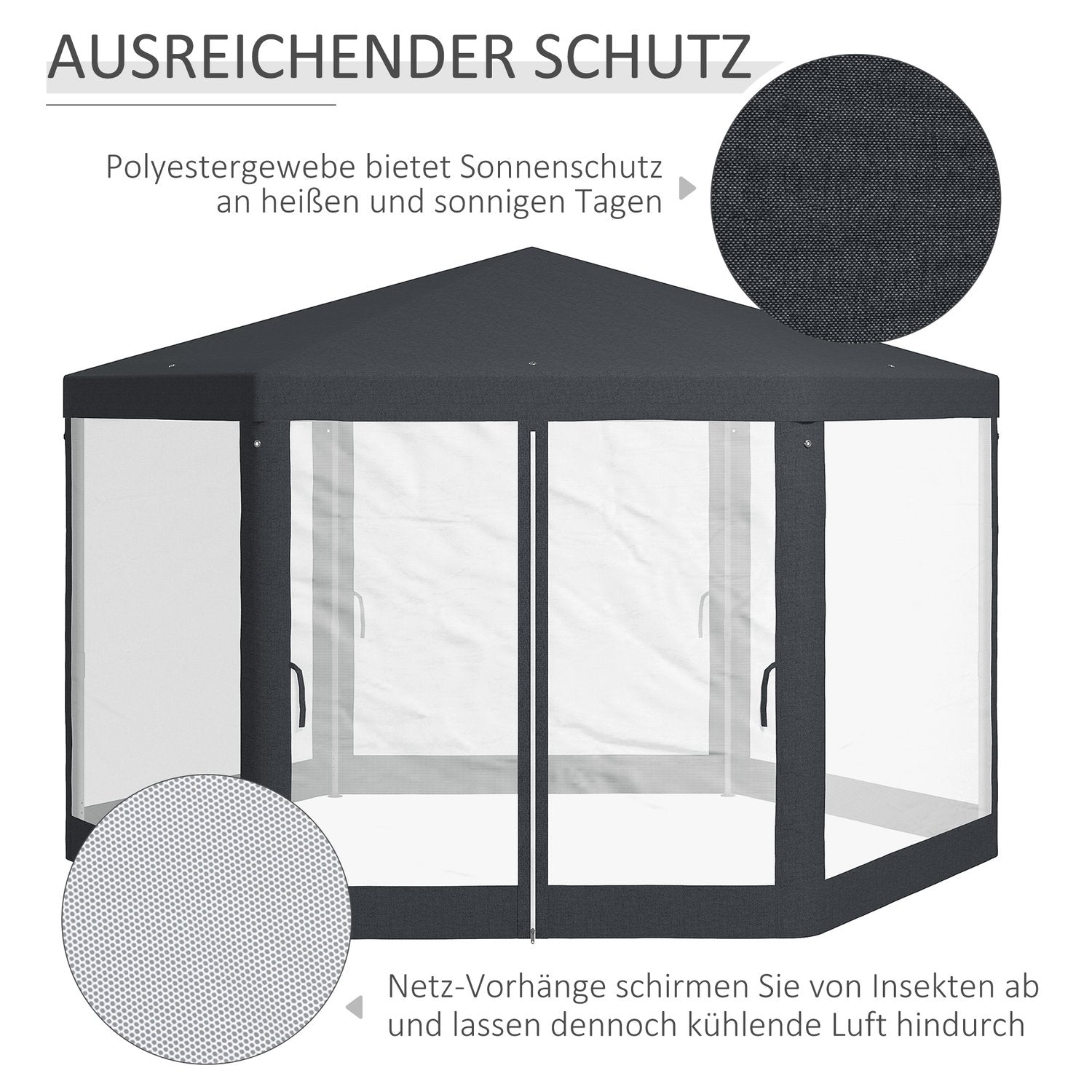 Hexagonal 4x4m paviljong, polyester & metall, med myggnät