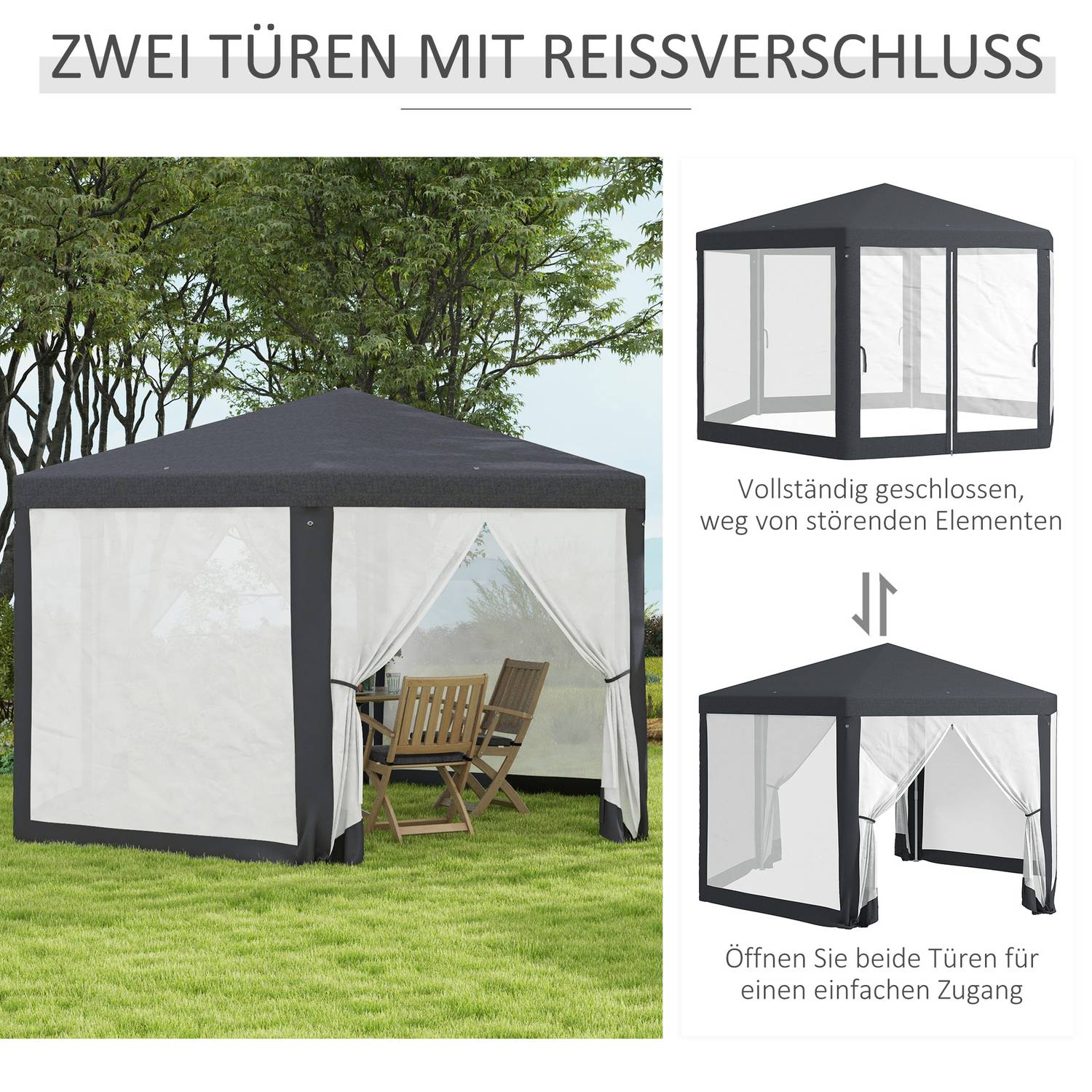 Hexagonal 4x4m paviljong, polyester & metall, med myggnät