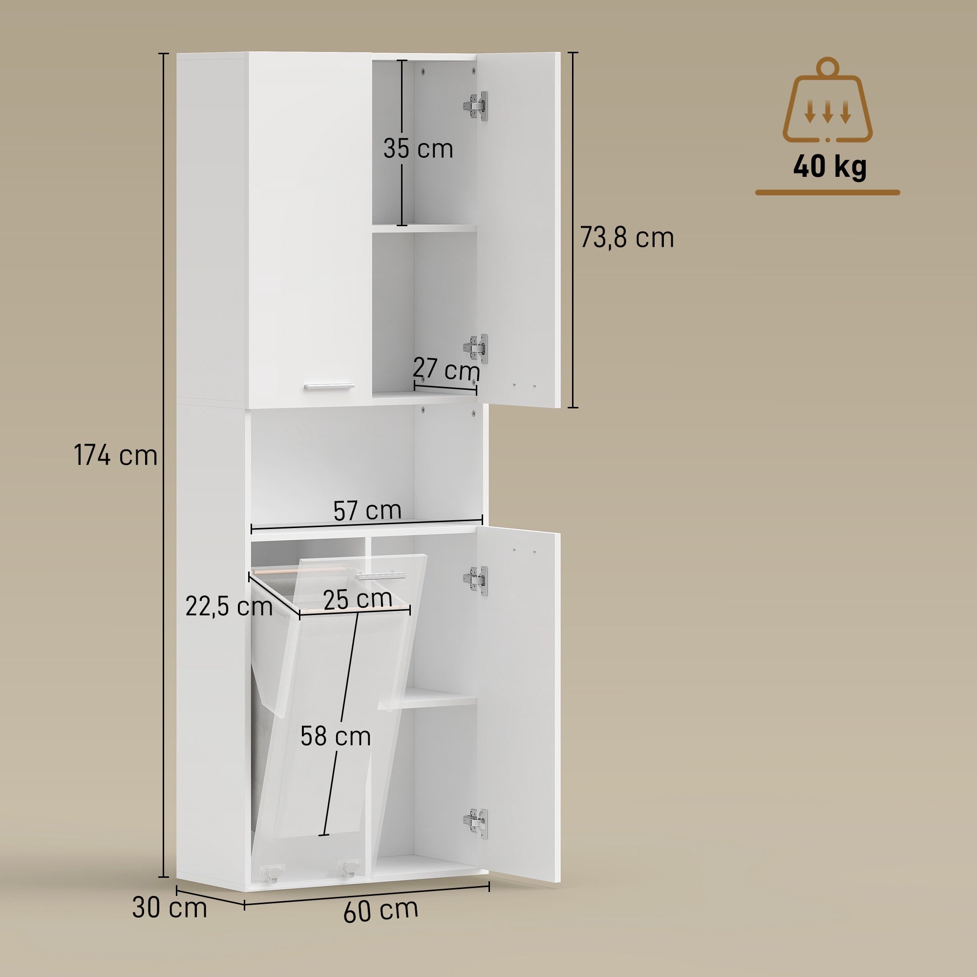 Högt vitt badrumsskåp med tvättkorg, 174 cm