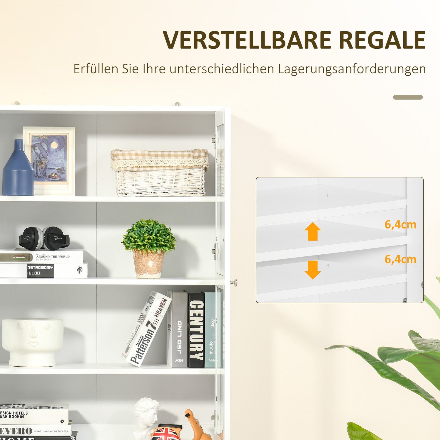 Hög vit bokhylla, glasdörr, 6 fack